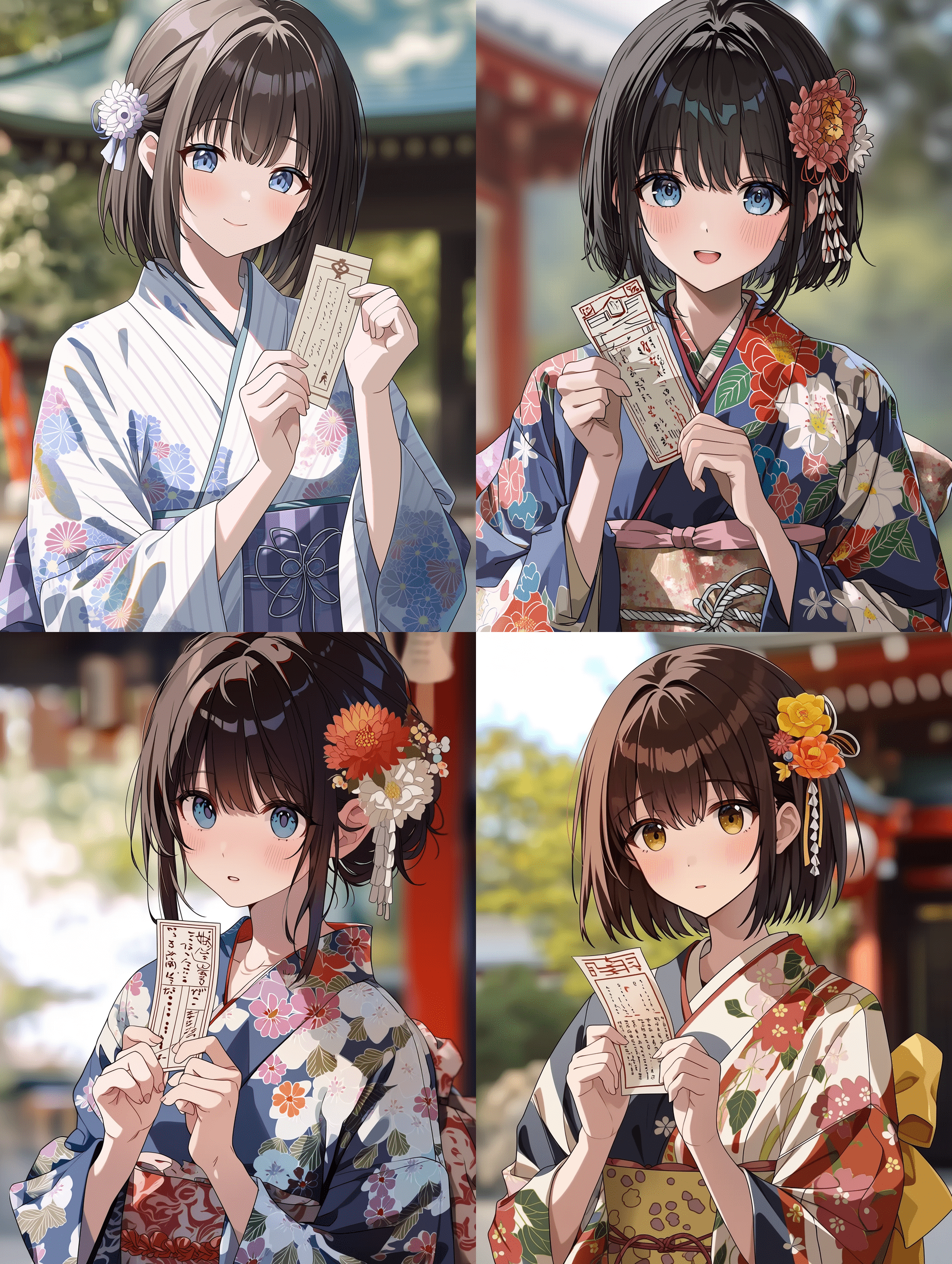 动漫风格，身穿和服的美丽少女手持御神签，中景镜头，采用三分法构图，画面平衡，浅景深效果，背景柔和虚化，平视视角，姿态优雅，高质量动漫艺术。