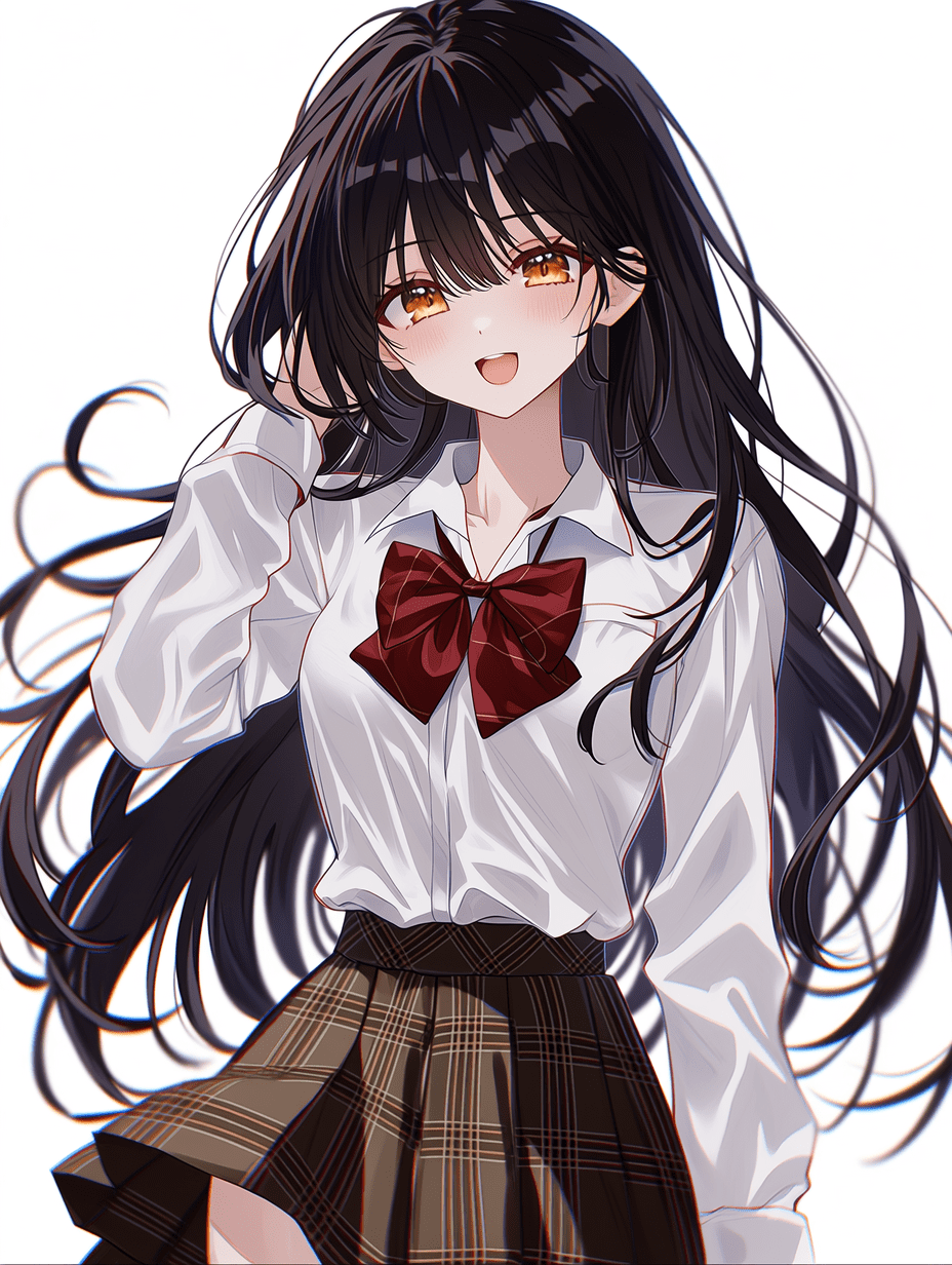 动漫风格，黑发金瞳的年轻女子，身穿带红色领结和格子裙的校服，表情开朗，发丝超精细且富有流动感，布料褶皱复杂细腻，皮肤质感柔嫩，画面锐利聚焦，8K分辨率。