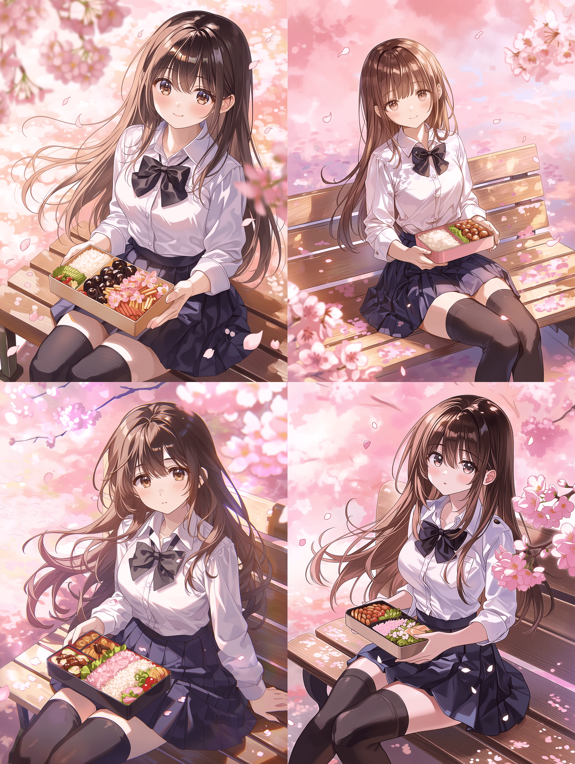 动漫风格，一位长发棕发的少女身着校服，白色衬衫配黑色领结，深蓝色短裙，黑色过膝袜，坐在木长椅上，手持便当盒，樱花花瓣飘落，柔和粉色调氛围，户外春日场景，杰作，最高画质，高度细节