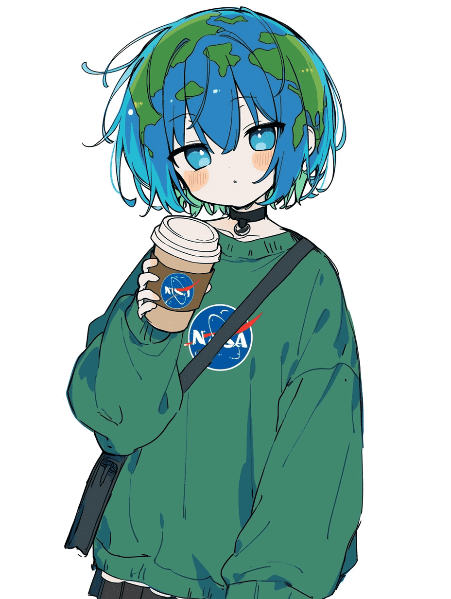 动漫插画，代表地球的拟人女孩（Earth-chan），蓝绿色头发，手持咖啡杯，身穿印有NASA标志的绿色宽松毛衣，佩戴黑色颈圈和小巧肩包，脸颊微红，明亮的蓝色眼睛，纯白背景，画面包含‘4.22 地球日