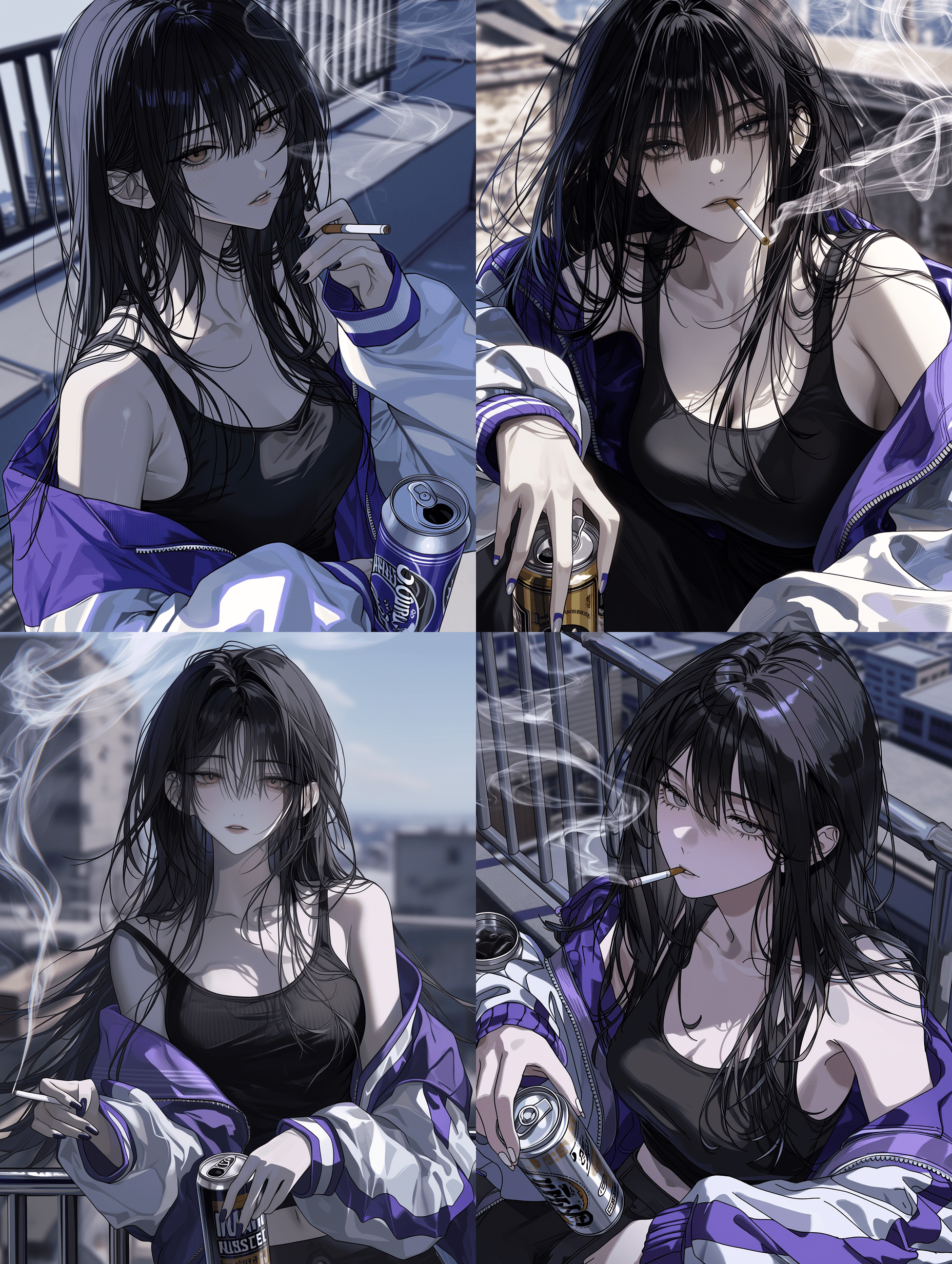 动漫风格，长发黑发年轻女子，身穿黑色背心和紫白色运动夹克，手持香烟和啤酒罐，超精细发丝，复杂织物纹理，缕缕烟雾，对焦清晰，细节丰富的天台场景，8K分辨率