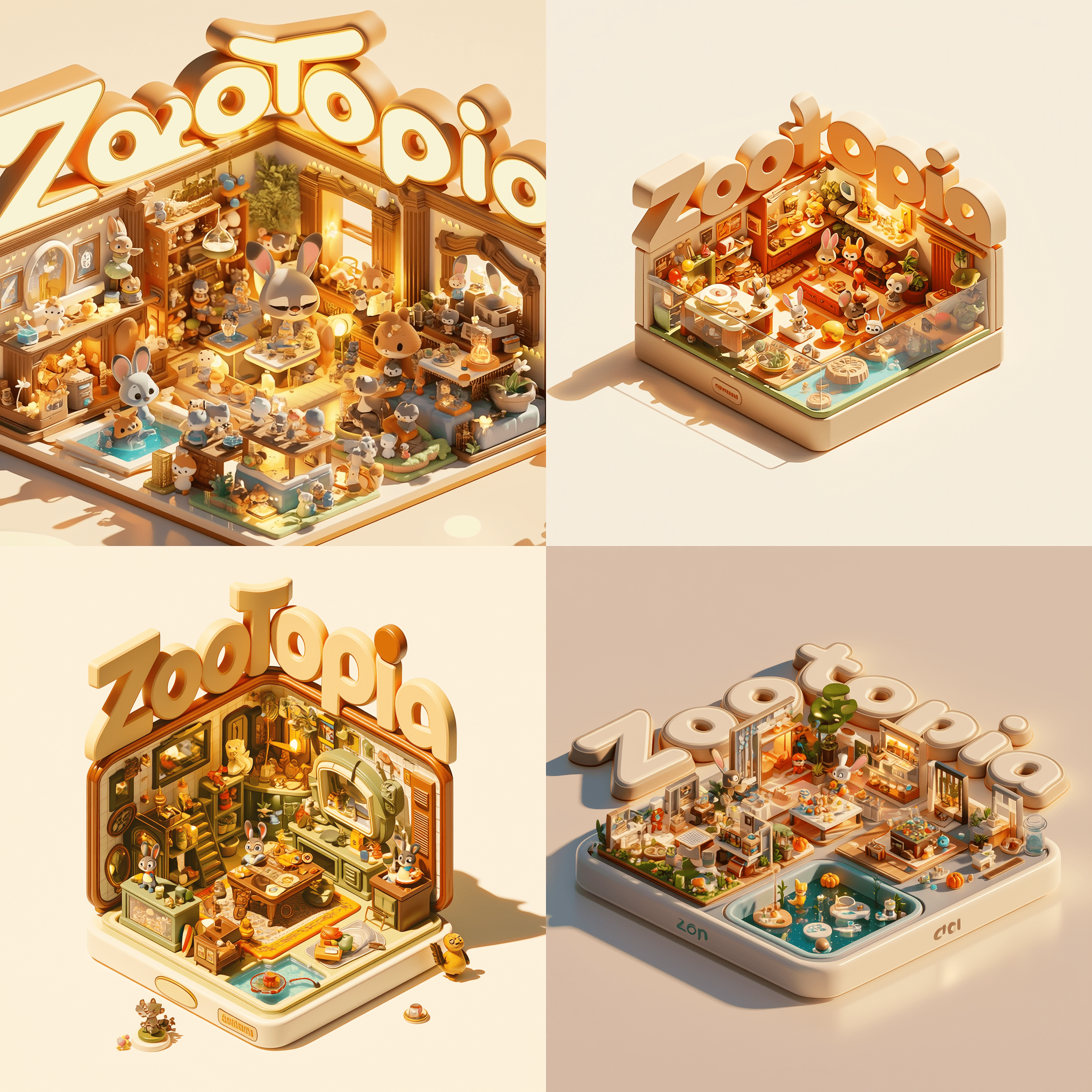 一个精细刻画的等距视角《疯狂动物城》迷你3D卡通场景。画面中心是活力十足的朱迪·霍普斯，周围环绕着比例协调的图标、象征性道具和可爱的小角色。整体氛围温馨紧凑，宛如高端玩具盲盒套装。使用Octane R
