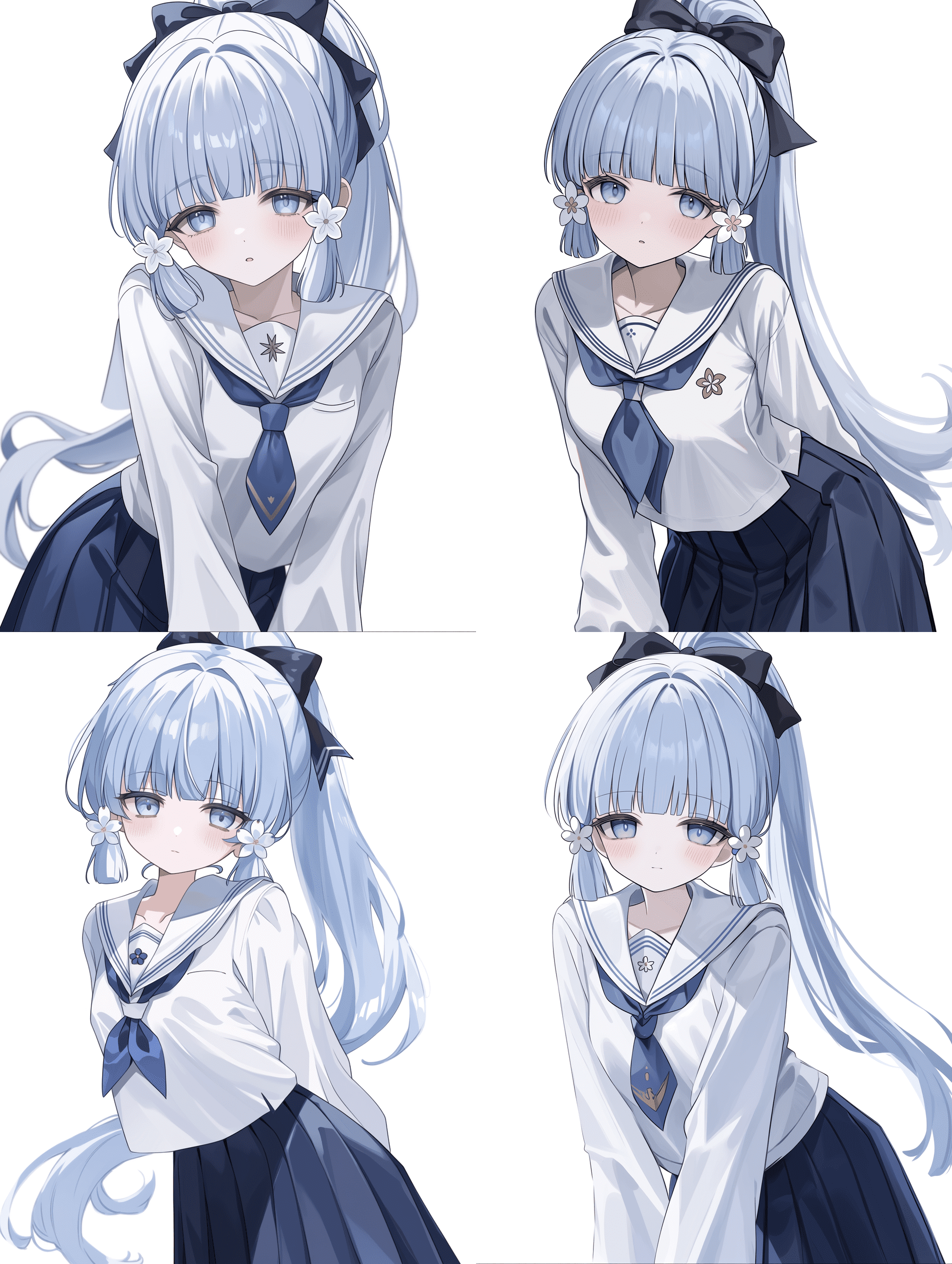 神里绫华，原神，JK女学生，身穿白色水手服，配有蓝色领口与蓝色领结，领结上饰有小花徽章，藏青色百褶裙，高马尾搭配大型黑色丝带蝴蝶结，姬发式刘海，齐直刘海，浅蓝色长发，两侧佩戴白色花朵发簪，面带羞红，明