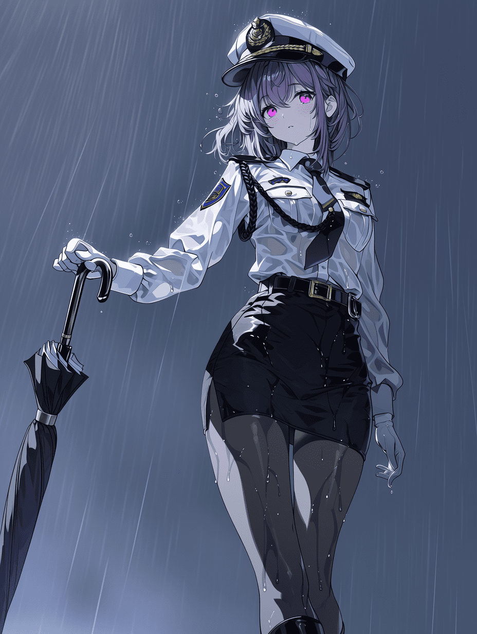动漫风格，身穿白色制服的紫发女警察，手持黑伞，站在暴雨中，皮肤和衣物湿润，紫眸，表情温柔，全身像，中等光照，冷灰色调，杰作，最佳质量，高细节