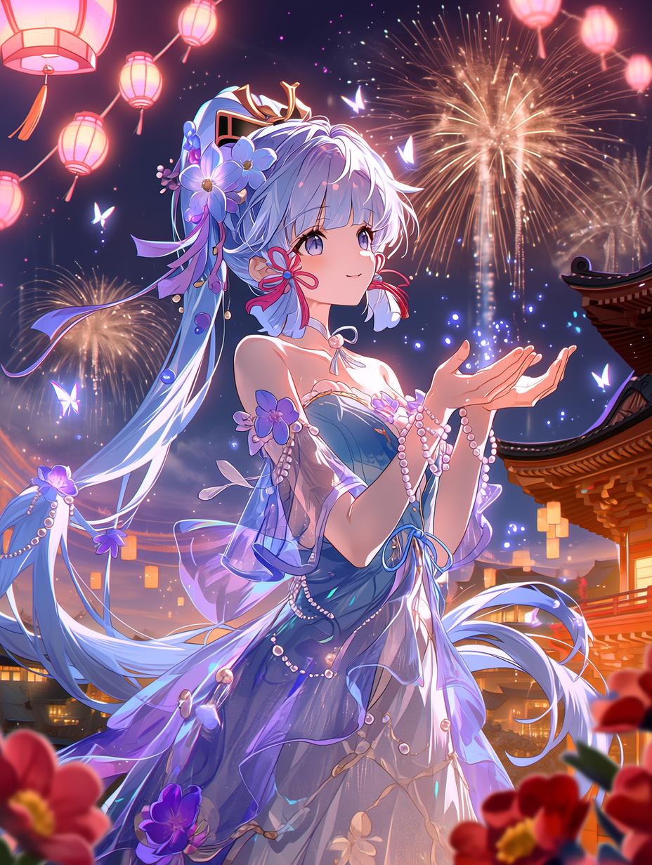 神里绫华，《原神》角色，夏日祭典夜晚风格，浅蓝色长发搭配精致花卉发饰与飘带，淡紫色眼眸，身穿蓝紫色半透明多层连衣裙，露肩设计并点缀珍珠装饰，双手轻抬仿佛在接住发光粒子，夜空中绽放烟花，粉色纸灯笼悬挂，