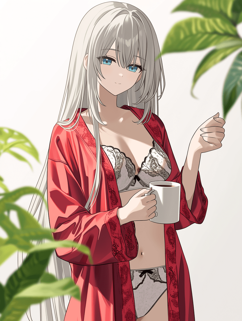 动漫风格，一位拥有银色长发和蓝色眼睛的年轻女性，身穿红色丝绸长袍和黑色蕾丝内衣，手持白色马克杯。构图遵循三分法则，浅景深，前景植物虚化，画面平衡，采用平视视角，专业级动漫插画。