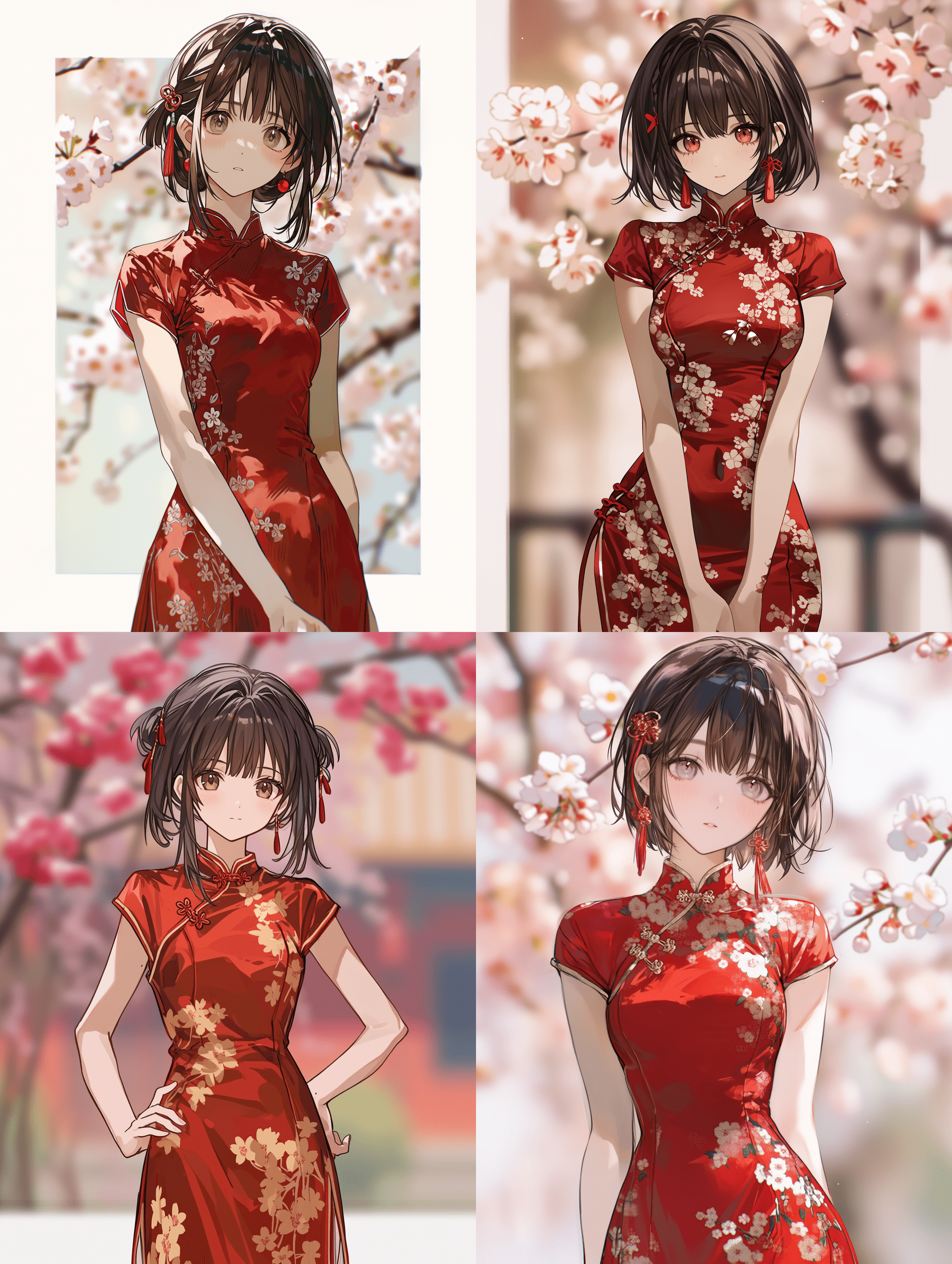动漫风格，一位身着红色旗袍的美丽少女，构图均衡，姿态优雅，遵循三分法，浅景深背景为模糊的樱花，居中构图，高质量角色插画