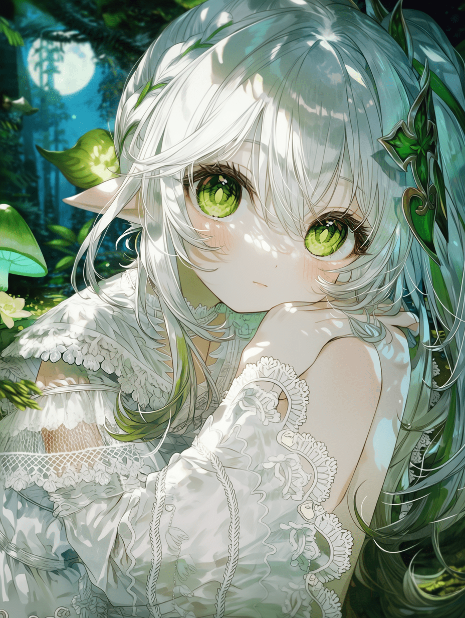 细致的动漫插画，描绘纳西妲，森林美学风格，光泽银白色长发带有柔和绿色光晕，眼神灵动的翠绿色瞳孔充满细腻反光，白色长裙布料繁复，饰有蕾丝层叠与叶片纹样，弥漫着体积感柔和的月光辉光，花瓣透明与鸟翼细节精致