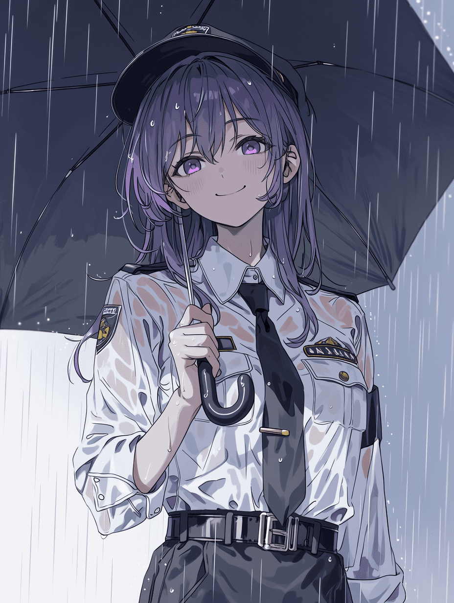 动漫风格，紫发女警察身穿白色制服，手持黑色雨伞，站在倾盆大雨中，皮肤和衣物被雨水打湿，紫色眼睛，神情温柔，全身像，中等光照，冷灰色调，杰作，最佳质量，高度细节