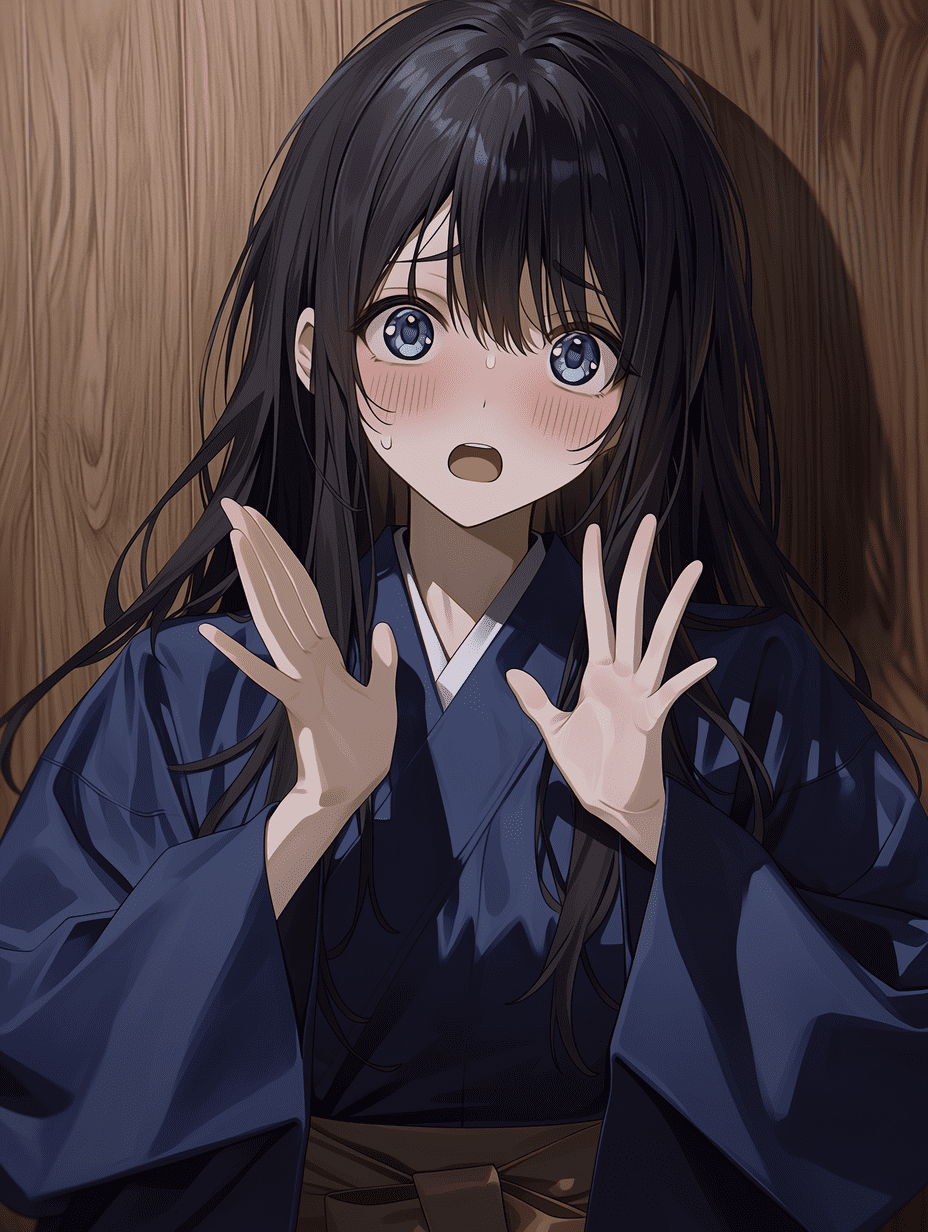动漫风格，黑长直发蓝眼少女，身着深蓝色传统日式和服与腰带（obi），面露惊讶神情且双颊泛红，背景为木质墙壁，双手抬起，杰作，最佳质量，高度细节化