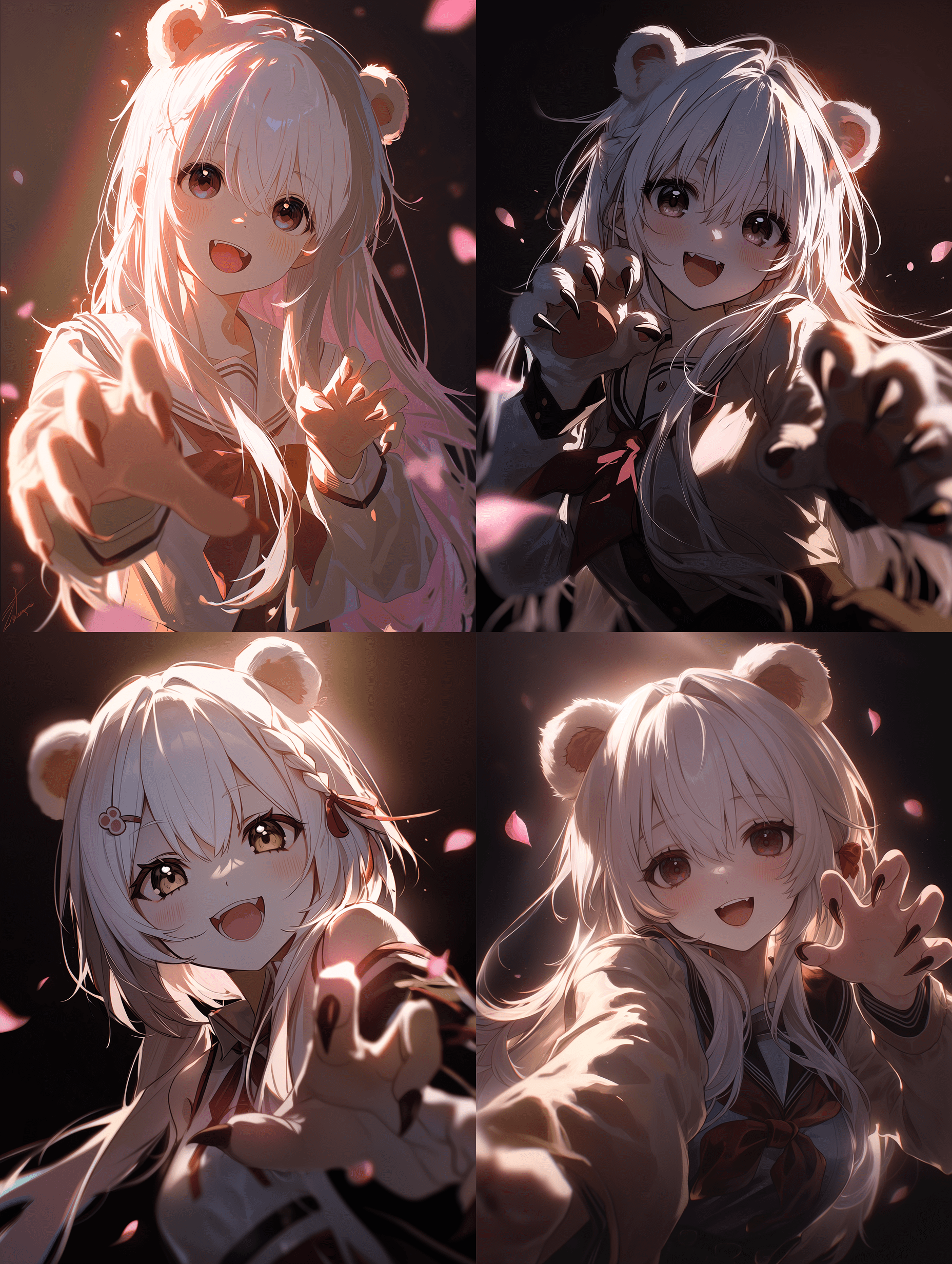 动漫风格插画，白发少女长着熊耳，欢快地向前伸展着带爪的手， cinematic 光影下柔和的逆光勾勒发丝，暖光突出红色点缀，空气中飘浮着粉色花瓣
