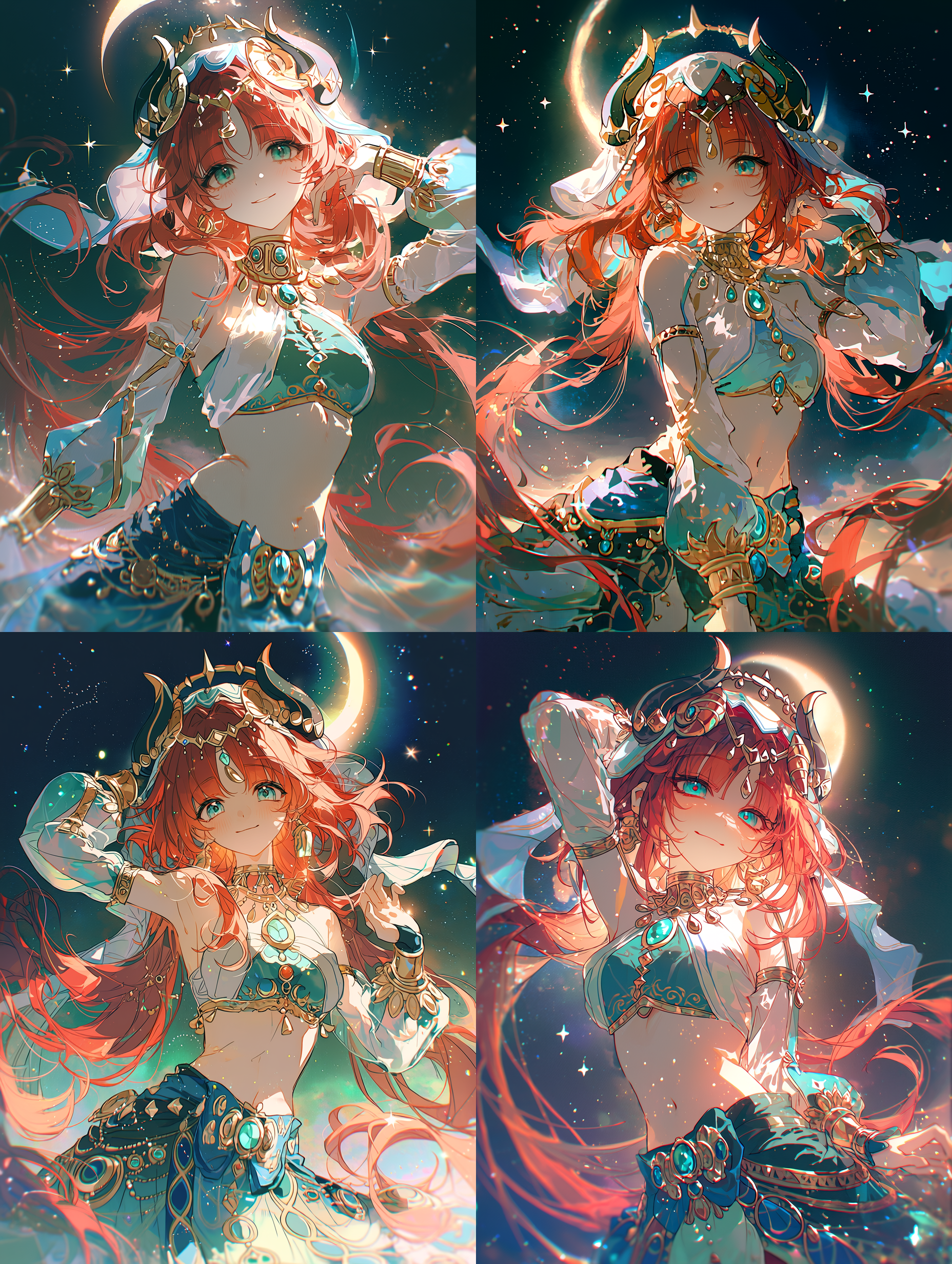 月光下的空灵妮露，梦幻柔光，闪烁的星尘与光点，红色长波浪发丝飘舞，华丽头冠饰有角状金饰，蓝绿色优雅舞裙配白色袖口与金色饰品， turquoise 宝石吊坠、臂环与装饰腰带，深邃星空映衬着发光的月晕，宁