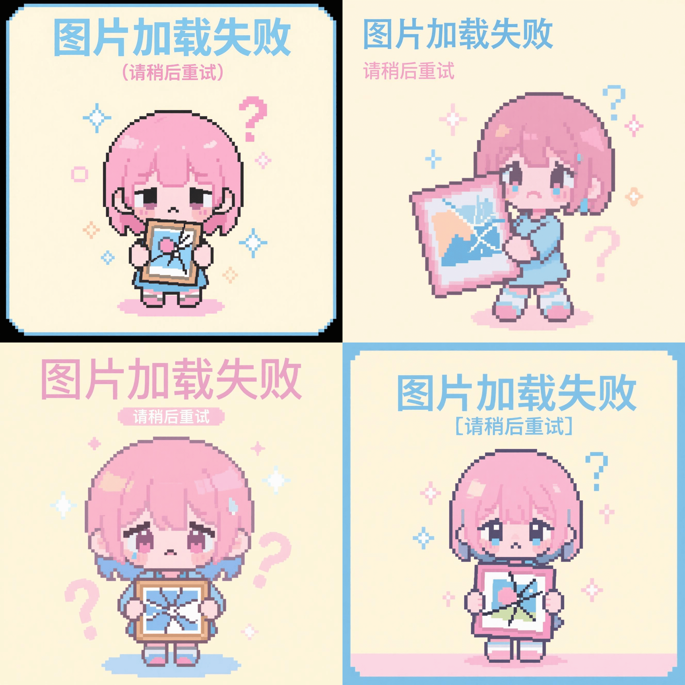 像素艺术风格，可爱的动漫Q版女孩，表情悲伤而歉意，手持破碎的图片图标或相框，采用柔和粉蓝渐变的淡彩调色板，醒目显示中文文字“图片加载失败”，辅以小字“请稍后重试”，具有可爱日系风格，复古8位游戏风格，