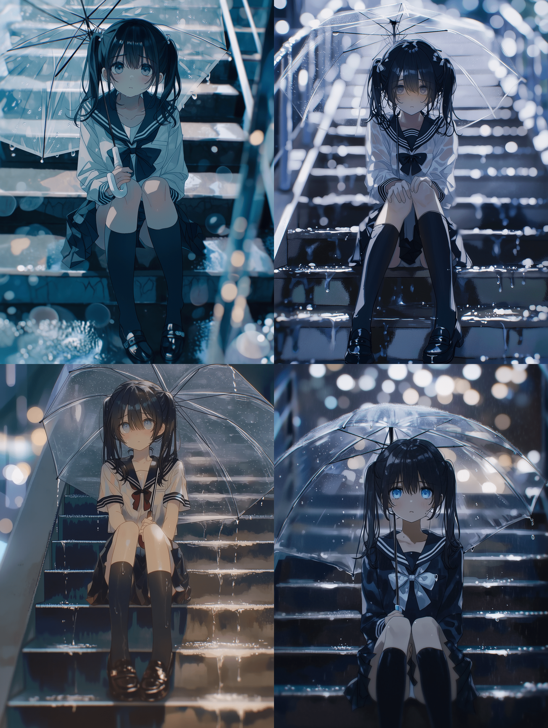 动漫风格，一位留着黑色双马尾、身穿水手服的悲伤少女，坐在湿漉漉的台阶上，撑着透明雨伞。采用三分法构图，浅景深，背景虚化，平视视角，画面平衡，具有电影感。