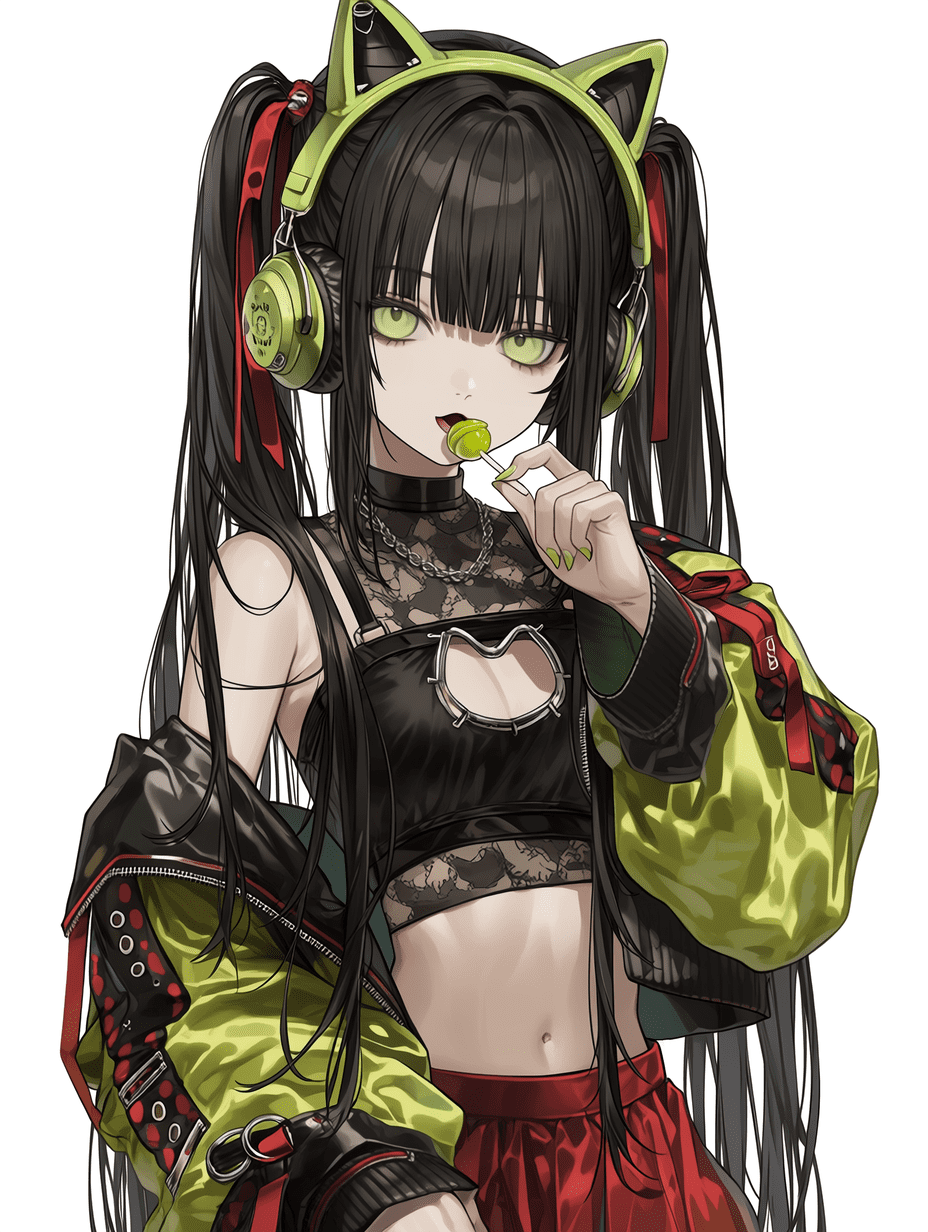 动漫风格，黑发双马尾少女，黄色眼睛，佩戴绿色猫耳耳机，身穿黑色露脐短上衣与红裙，外搭绿黑拼色夹克，手持棒棒糖，发丝超精细，服装纹理复杂，配饰细节丰富，锐利对焦，8K分辨率