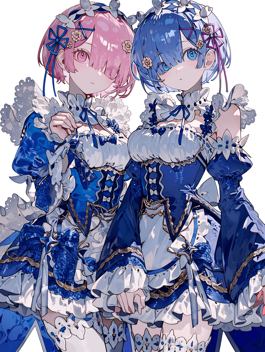 动漫风格，来自《Re:Zero》的雷姆与拉姆，身着匹配的蓝白蕾丝女仆裙，粉发与蓝发搭配花朵发饰，超精细蕾丝纹理，繁复褶边图案，眼神锐利带高光，布料细节精致，8K分辨率