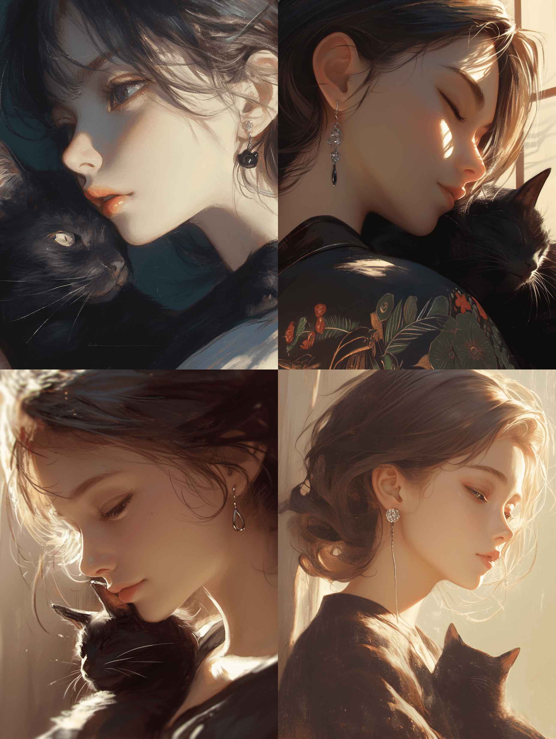 一位优雅的女性，一只光滑的黑猫蜷缩在她膝上，两人若有所思地凝望远方。她佩戴着精致的银质耳环，在光线下闪烁。柔和的晨光透过窗户洒入，营造出温暖而私密的氛围。背景中，优雅的日式书法字符若隐若现地融入画面。
