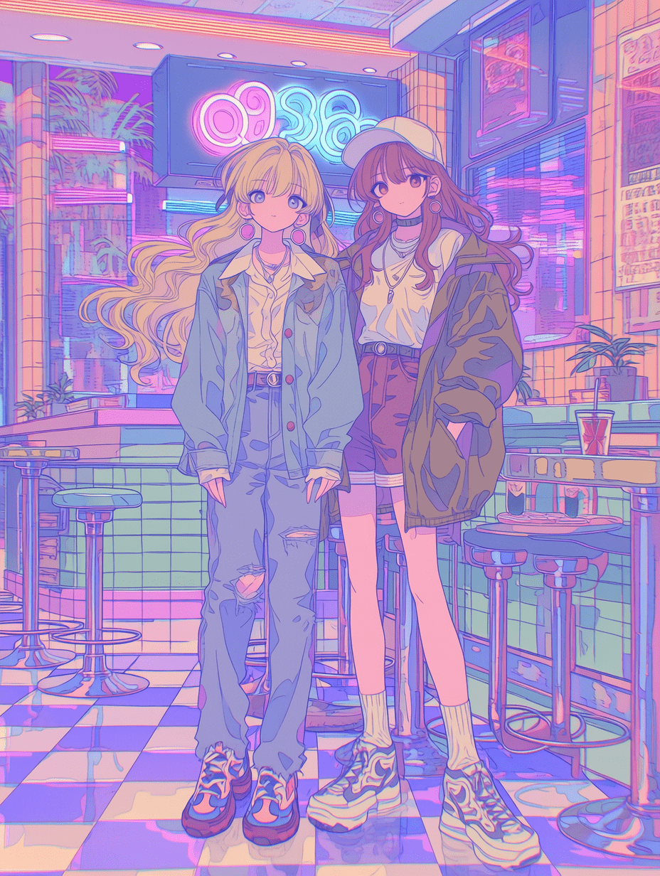 动漫风格插画，两位身着90年代复古街头服饰的时尚年轻女性，金发与栗色头发，站在霓虹灯照亮的汽车餐厅前，采用柔和粉彩与鲜艳色彩搭配，杰作，最高画质，高度精细
