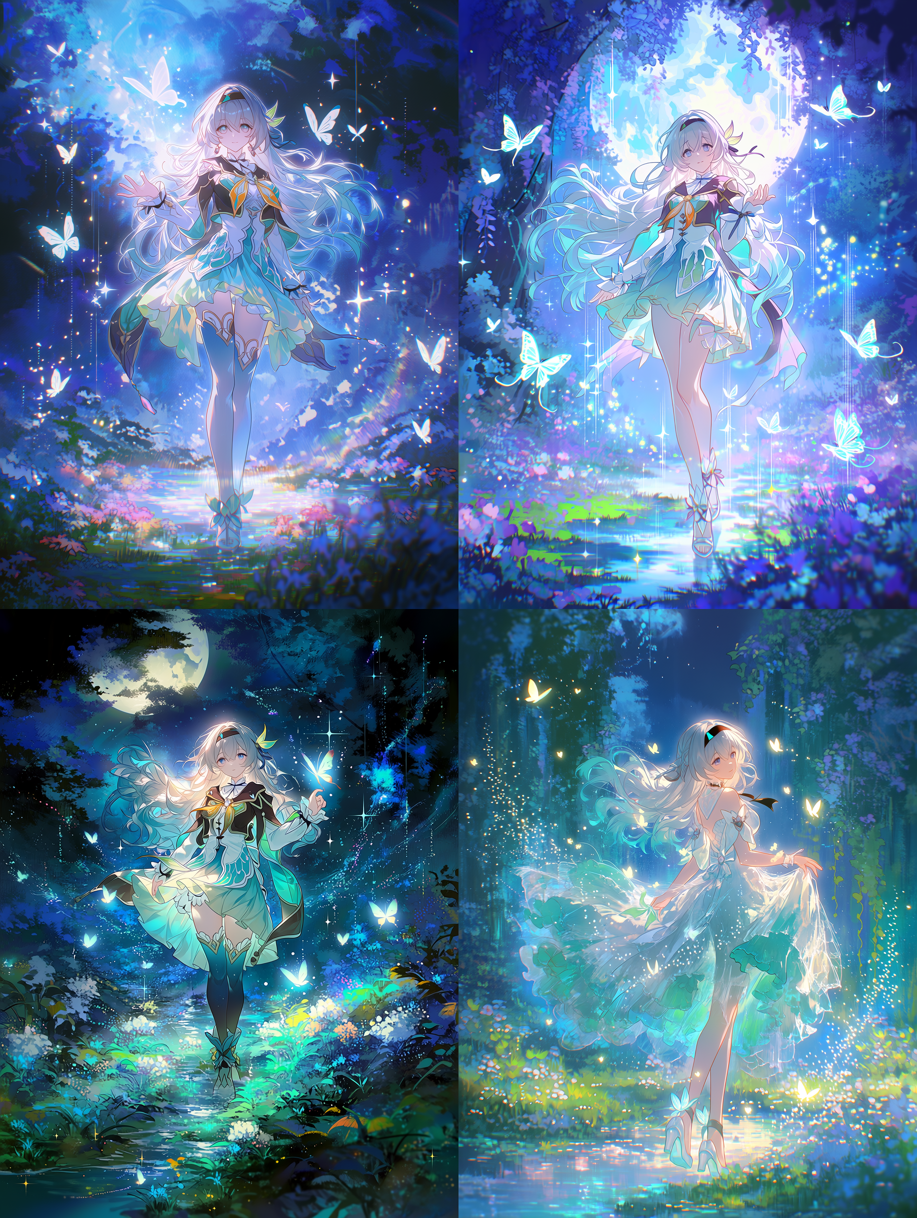崩坏：星穹铁道中的流萤，全身像，站在匹诺康尼的魔法花园中，周围飞舞着发光的蝴蝶，银色长发在微风中轻轻飘动，身穿标志性的白色与青绿色连衣裙，柔和月光洒落，营造出梦幻氛围，点缀着魔法光尘，色彩鲜明，电影级