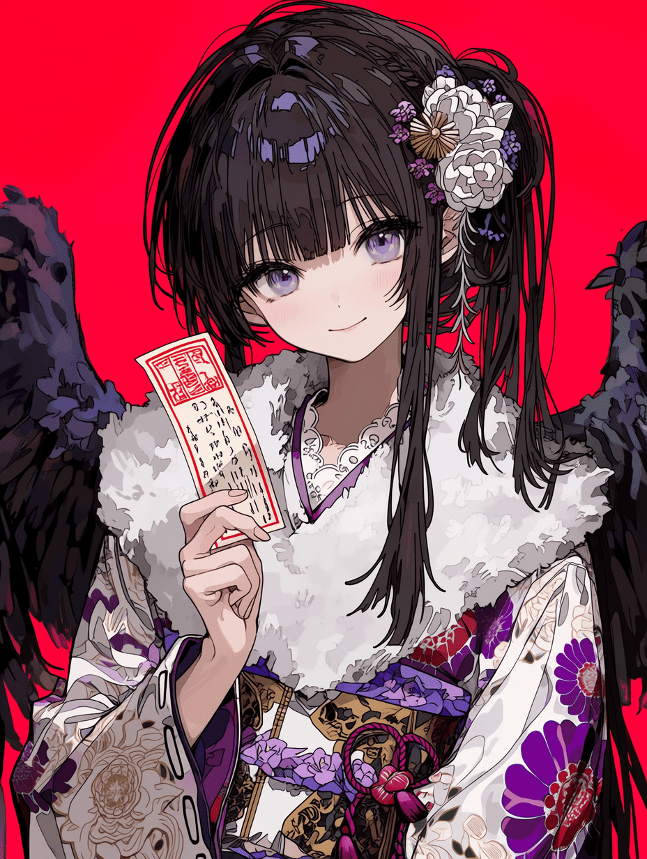 动漫风格，美丽的长黑发马尾少女，身穿带有毛领的传统白紫色花卉和服，手持御神签，背后有黑色天使翅膀，节日氛围，鲜红色背景，杰作，最佳质量，高度细节