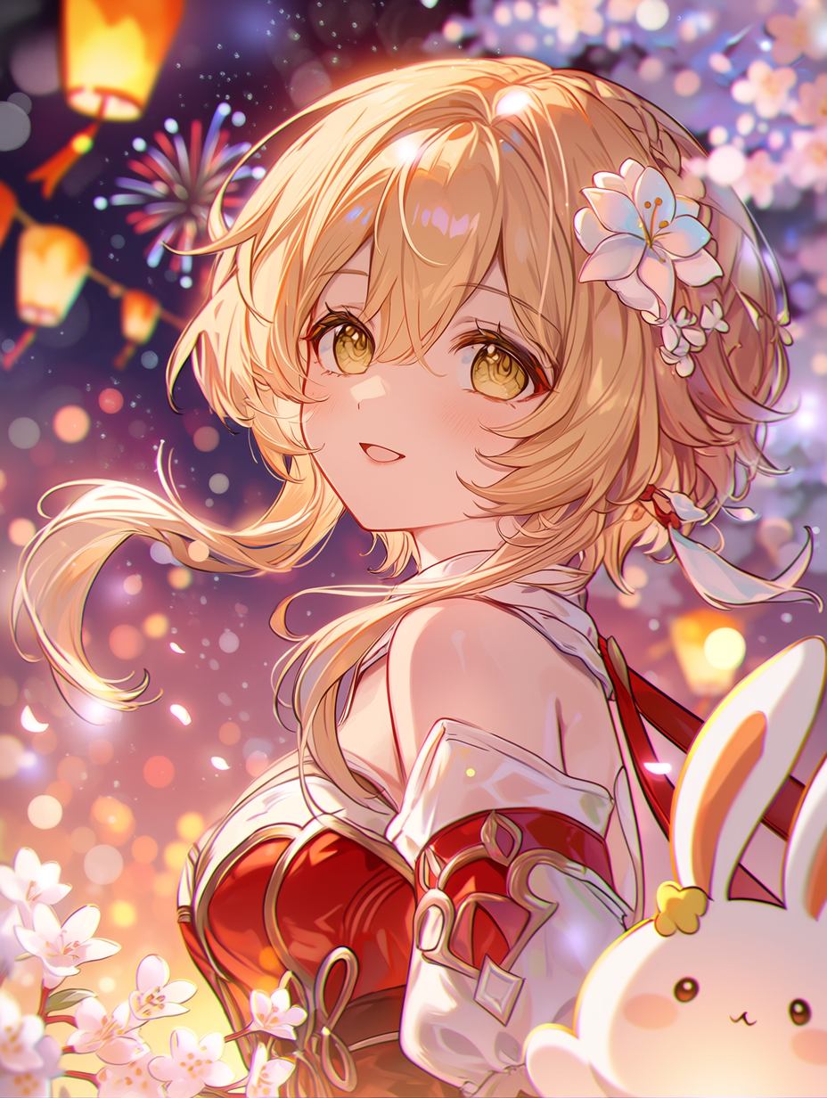 空灵的夜之祭典，Lumine 被漂浮的灯笼与烟花环绕，魔法般的氛围，空中飞舞的樱花，节日感的红白长裙，白色花朵发饰，柔和梦幻的光线，背景虚化，身边有一只小兔子伙伴，面部采用高调光，色彩鲜艳而柔和，杰作