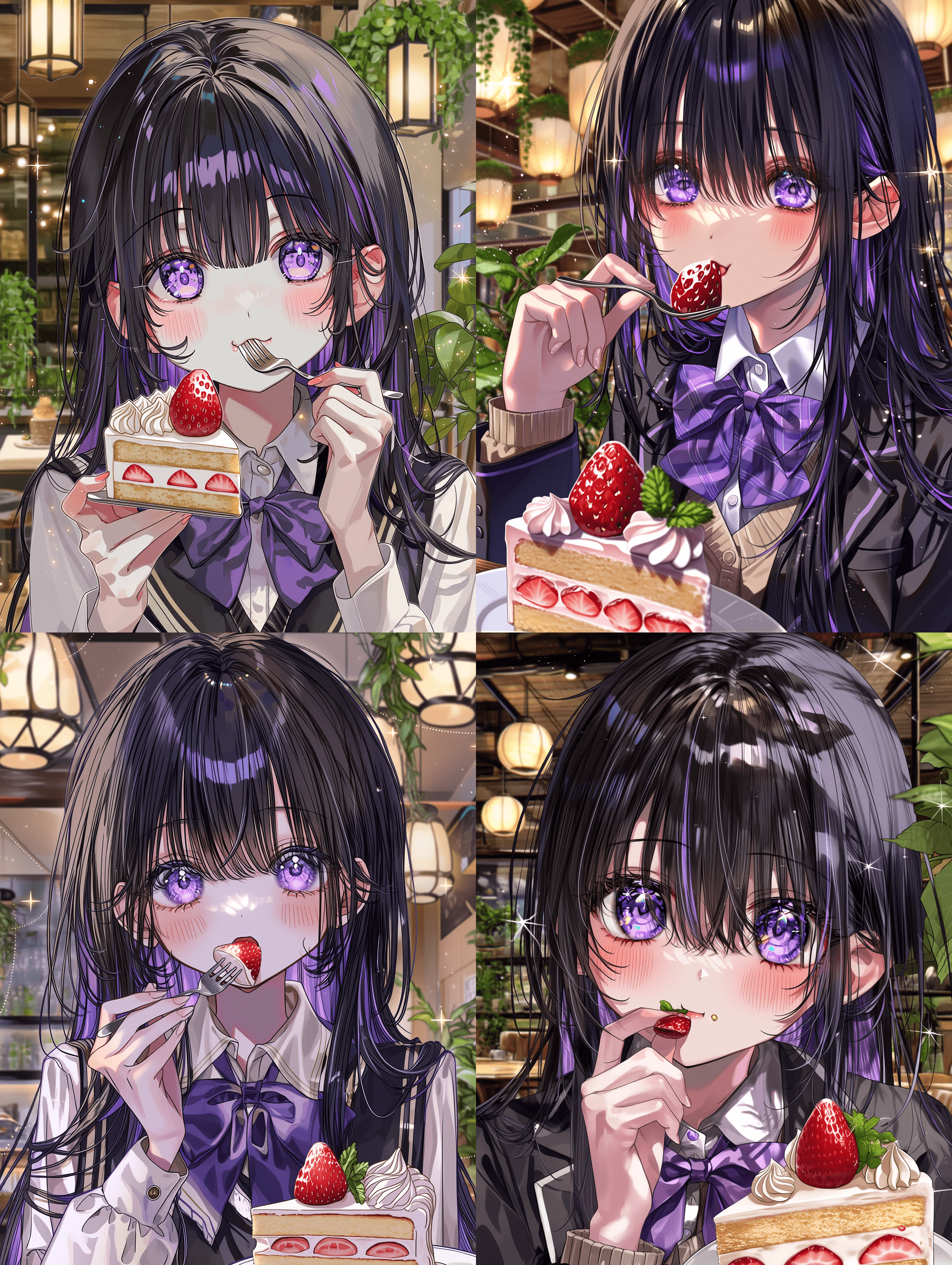 动漫风格，长黑发带紫色挑染的年轻女子，身穿校服，佩戴紫色蝴蝶结，紫色眼睛，正在室内咖啡馆享用草莓蛋糕，周围有悬挂灯笼和绿植，面部细节极度精细，服装纹理复杂，眼神闪亮，手部动作轻柔细腻，画面锐利聚焦，8