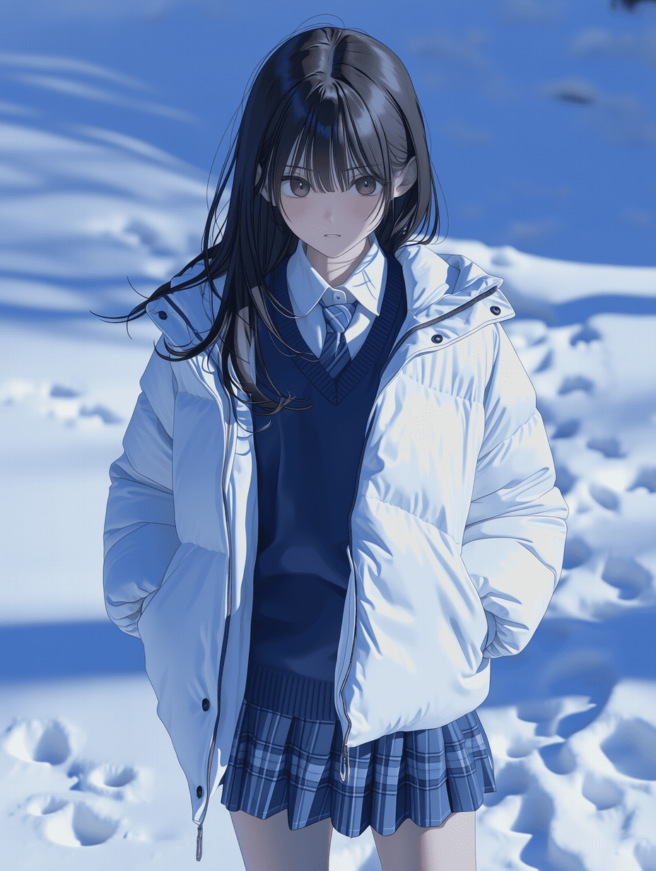 动漫风格，一位长黑发的年轻女子，身穿白色羽绒服，内搭蓝色毛衣和格子裙校服，站在户外雪地中，整体采用冷色调，带有柔和的轮廓光，中景构图，杰作，最佳质量，高度细节，8K分辨率。