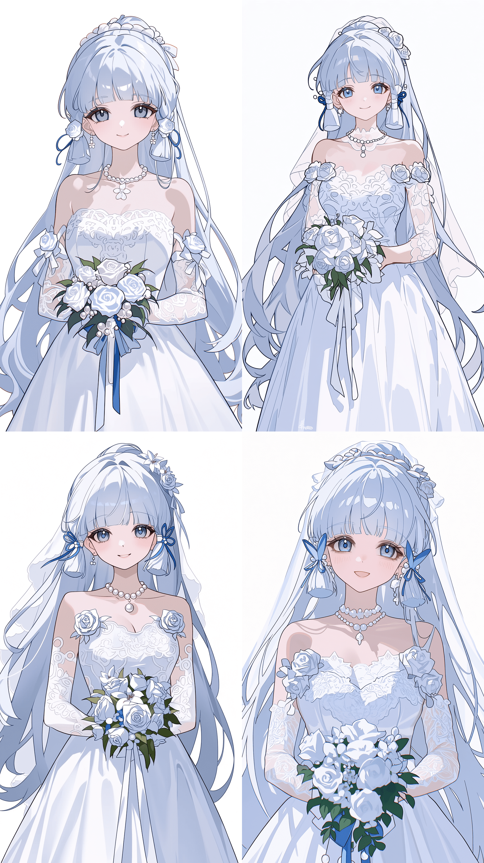 《原神》角色神里绫华的全身肖像。她被描绘为一位可爱的女孩，拥有长长的银色秀发和蓝色双眼，身穿白色婚纱，手捧鲜花，面带微笑微微仰头。作品采用动漫风格，背景纯净简洁，以高分辨率高清呈现，细节清晰。婚纱为白