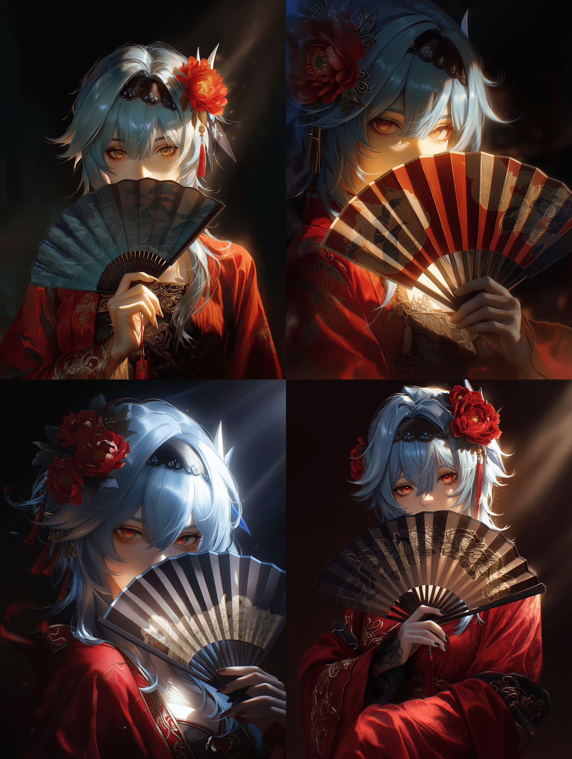 优菈，《原神》，身着优雅的红色汉服风格服饰，手持传统中式团扇，浅蓝色凌乱长发，细节精致的琥珀色眼眸，发间点缀红色牡丹，柔和的体积光效，光线追踪技术，扇面泛起空灵微光，深邃神秘的背景，电影级氛围，高精度