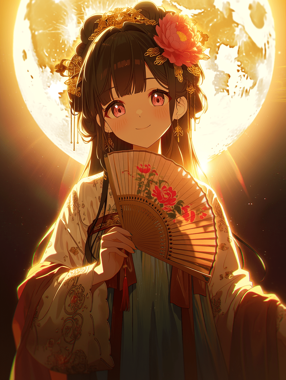 动漫风格，身着传统中式汉服的年轻女子，乌黑长发配以精致金簪与红色牡丹花，手持绘有樱花图案的装饰团扇，粉色眼眸，面带温柔微笑，背后是巨大发光的明月造成戏剧性逆光，体积光束穿透夜空，整体散发温暖金色辉光，