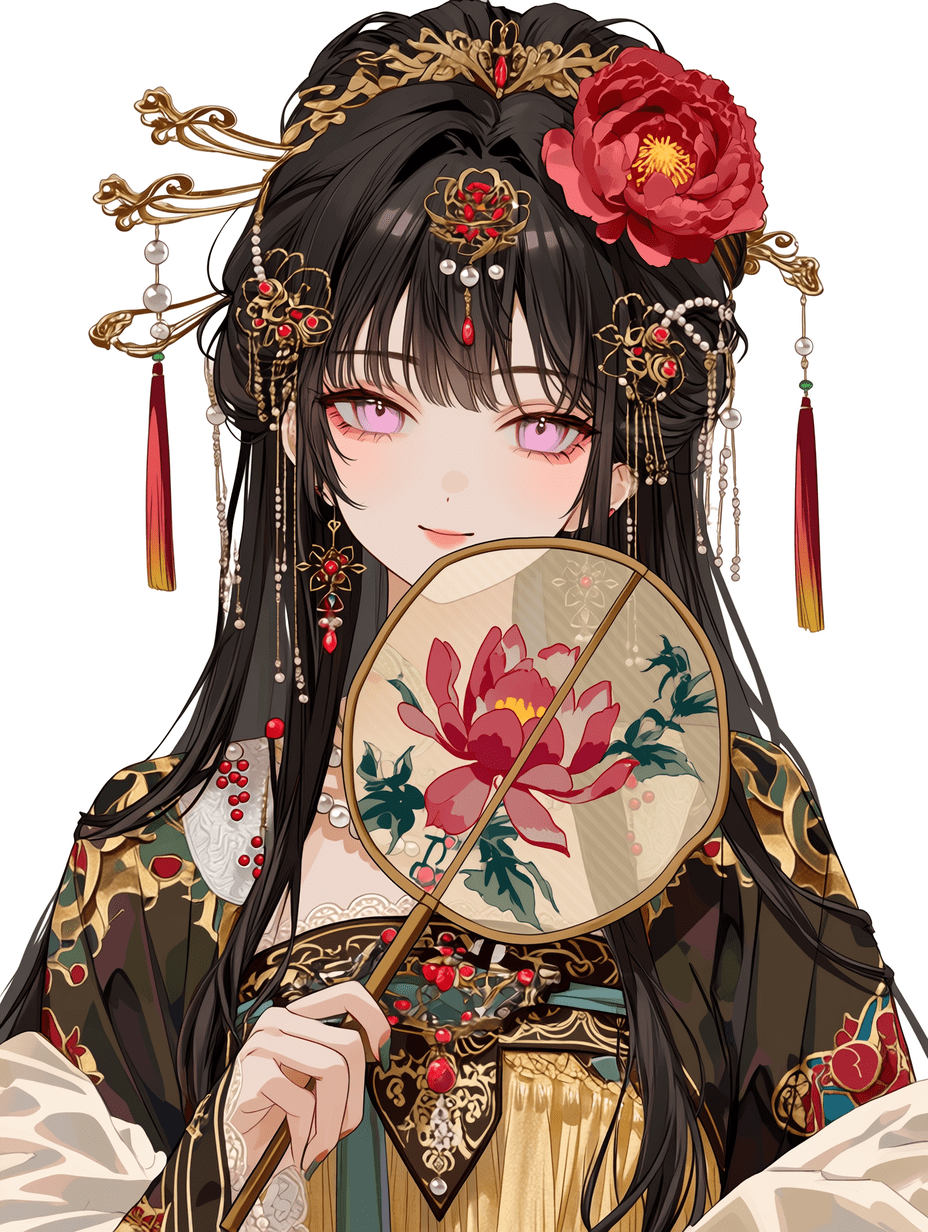 动漫风格，一位身着中国传统汉服的年轻女子，长发乌黑，佩戴着精致的金色发簪和红色牡丹花，手持一把梅花折扇，粉红色的眼眸，面带温柔微笑，面料图案超精细，镶嵌珍珠和流苏的复杂珠宝，精致的扇面绘画，对焦清晰，