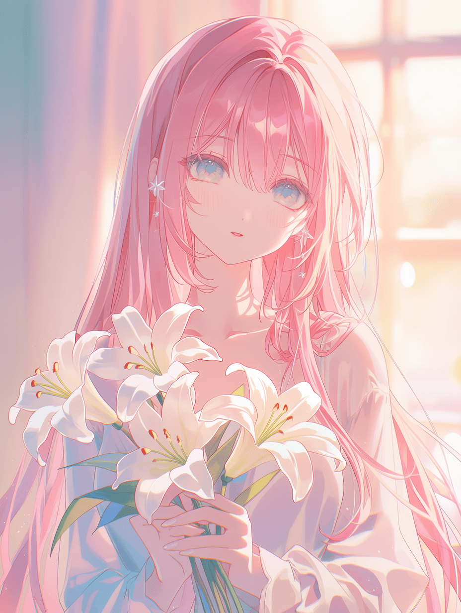 动漫风格，长粉发年轻女子手持白色百合花，电影级布光，窗外柔和漫射光线，皮肤泛着温暖光泽，增强的粉彩色调，宁静情绪，空灵氛围，细节丰富的背景