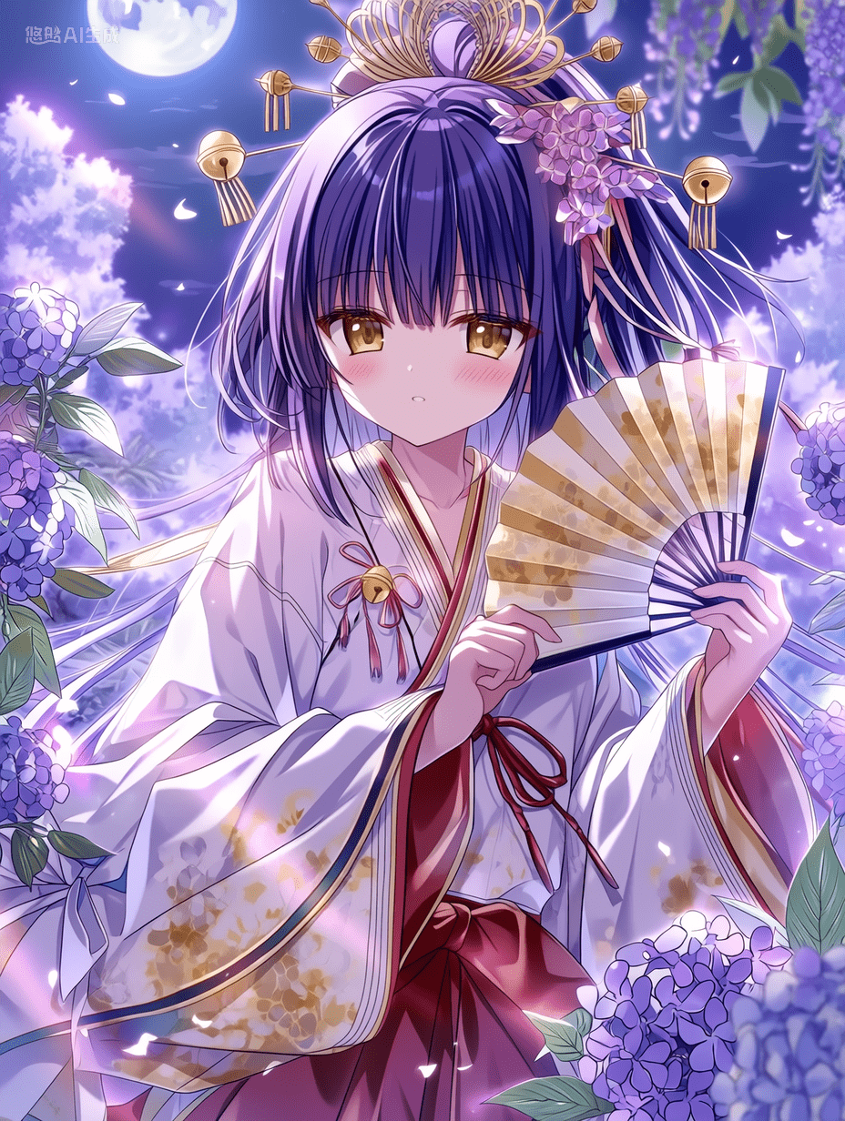 动漫风格，身着传统巫女服的紫发巫女，金色眼眸，手持仪式铃铛和折扇，背景点缀着绣球花，月夜下的场景，柔和的光线，柔和的粉彩色调，杰作，最高质量，高度细节
