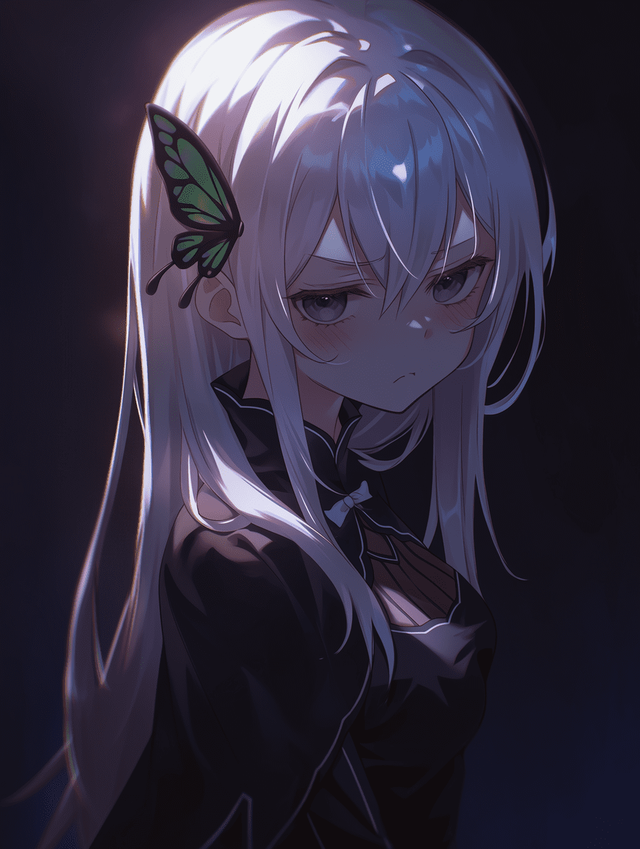 动漫风格，来自《Re:Zero》的艾姬多娜，白发女巫，佩戴蝴蝶发簪，嘟嘴表情，戏剧性侧光，柔和轮廓光，神秘氛围，增强对比度，情绪化背景，电影级光晕