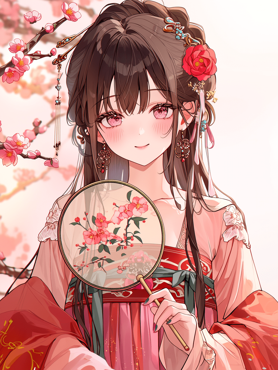 动漫风格，优雅的东方少女身穿传统汉服，佩戴红玫瑰发饰，手持绘有樱花图案的圆形团扇，粉色眼眸，温柔微笑，服饰布料纹理超精细，发丝细腻，焦点锐利，配饰精致，8K分辨率
