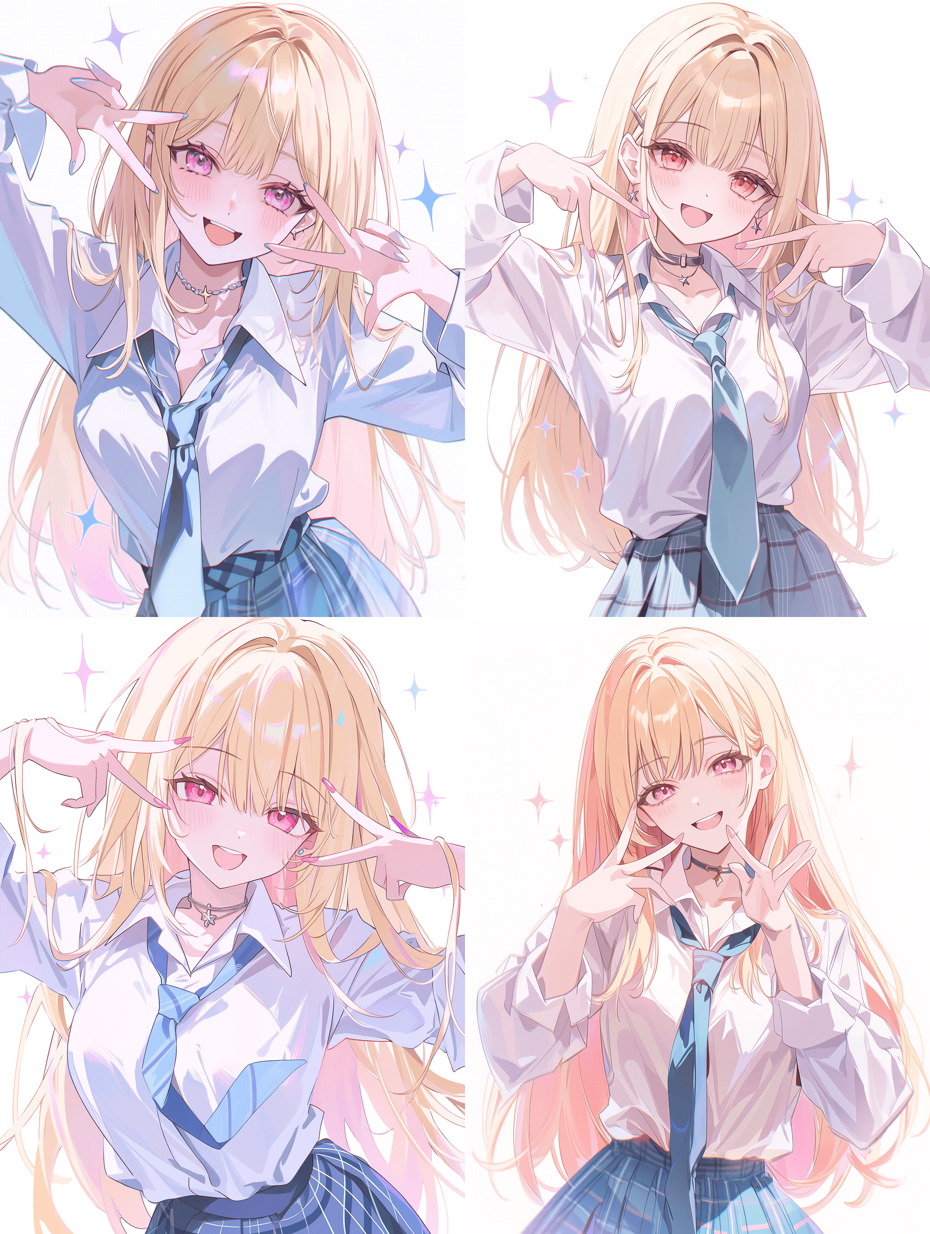 二次元风格，一位金发粉眼的动漫少女，面带 cheerful 笑容，双手托着脸颊，身穿白色衬衫、蓝色领带和格子裙的校服，佩戴项圈项链，柔和的粉彩灯光，漂浮的星星火花，白色背景，杰作，最佳质量，高度细节，