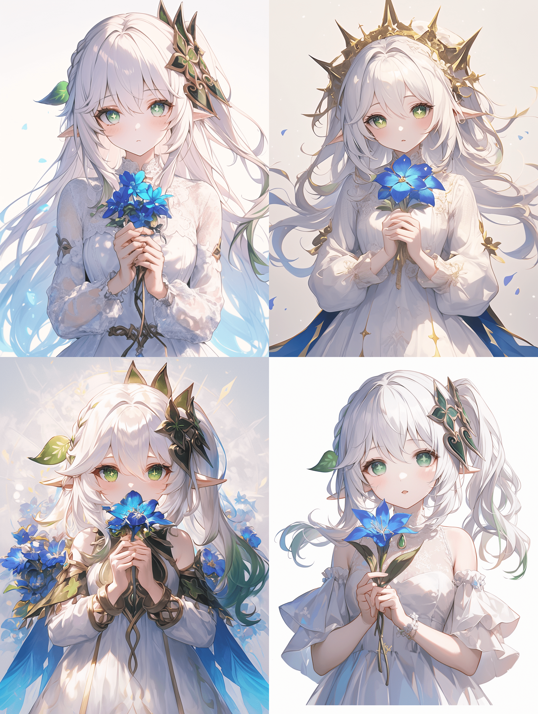 原神角色纳西妲被描绘为一位可爱的少女，拥有银色长发、绿色眼睛，头戴荆棘王冠，身着白色蕾丝婚纱，双手捧着蓝色花朵。作品采用动漫风格，纯白背景，忠实还原原神艺术风格。纳西妲拥有笔直的银发、闪耀的翡翠绿虹膜