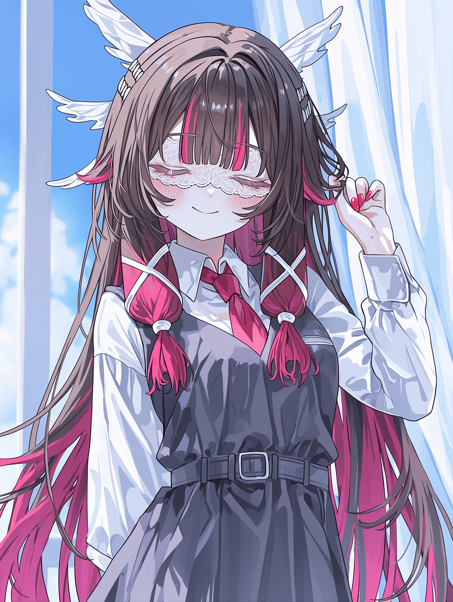 少女哥伦比娅，来自《原神》，身穿现代校服：白色衬衫、红色领带、深灰色背带裙配腰带，佩戴蕾丝交叉式眼罩，棕色头发带有鲜艳粉色挑染，头戴白色翅膀发饰，涂着红色指甲油，正轻柔地玩弄一缕发丝，面带温柔微笑。背