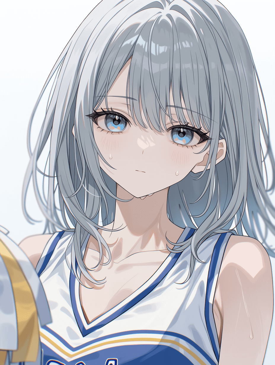 动漫风格，美丽的灰发少女，身穿啦啦队制服，服装布料纹理精致，发丝根根分明，眼神闪亮，皮肤带有细微汗珠，画面锐利聚焦，8K分辨率，线条清晰，专业级动漫插画。
