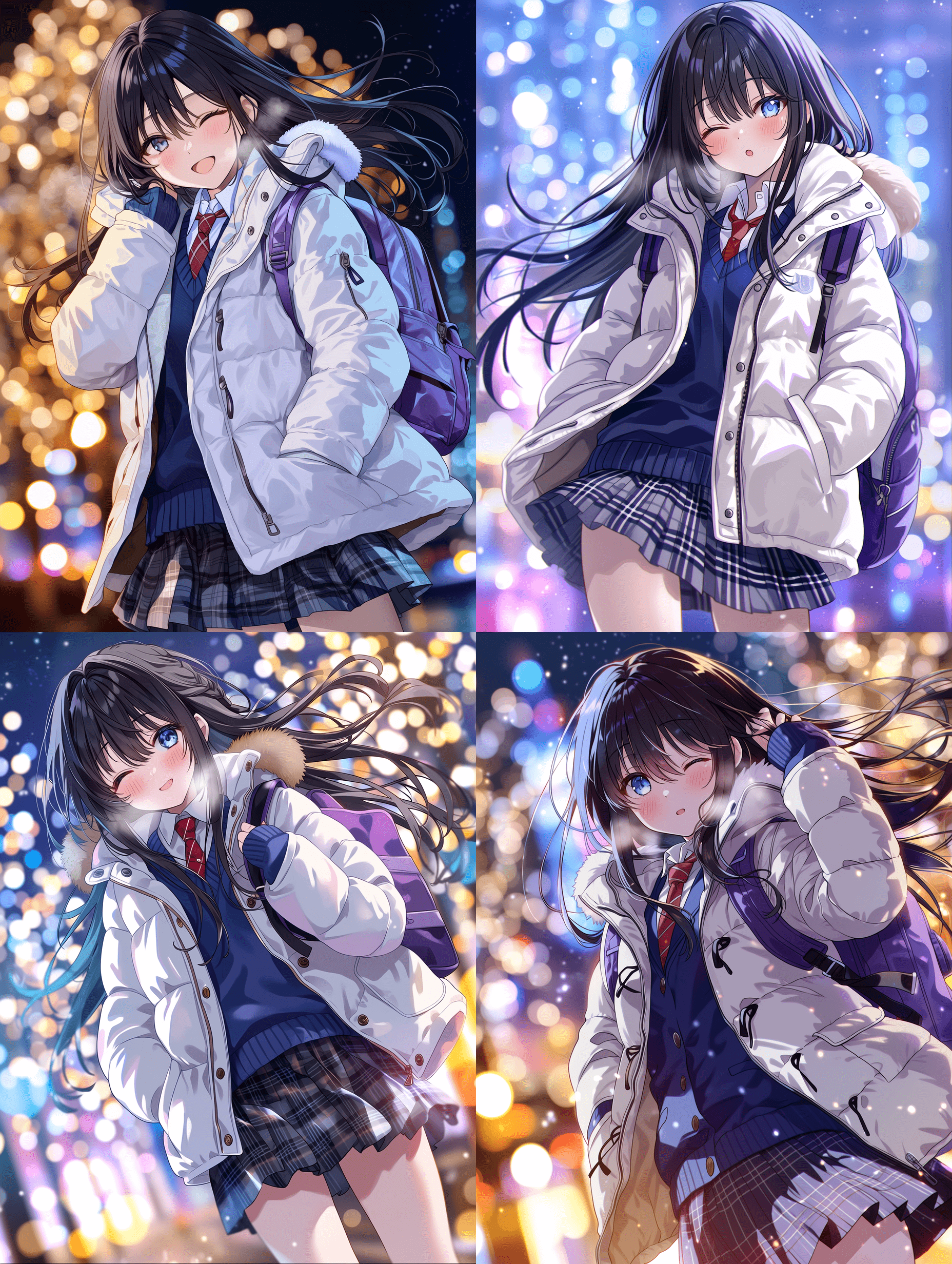 动漫风格，黑长发少女身穿冬季校服，白色羽绒服、蓝色毛衣、红色领带、格子裙、紫色背包，单眼微闭、脸颊泛红，采用动态对角线构图，发丝飘动，浅景深虚化背景，城市灯光形成柔美光斑，低角度仰视视角