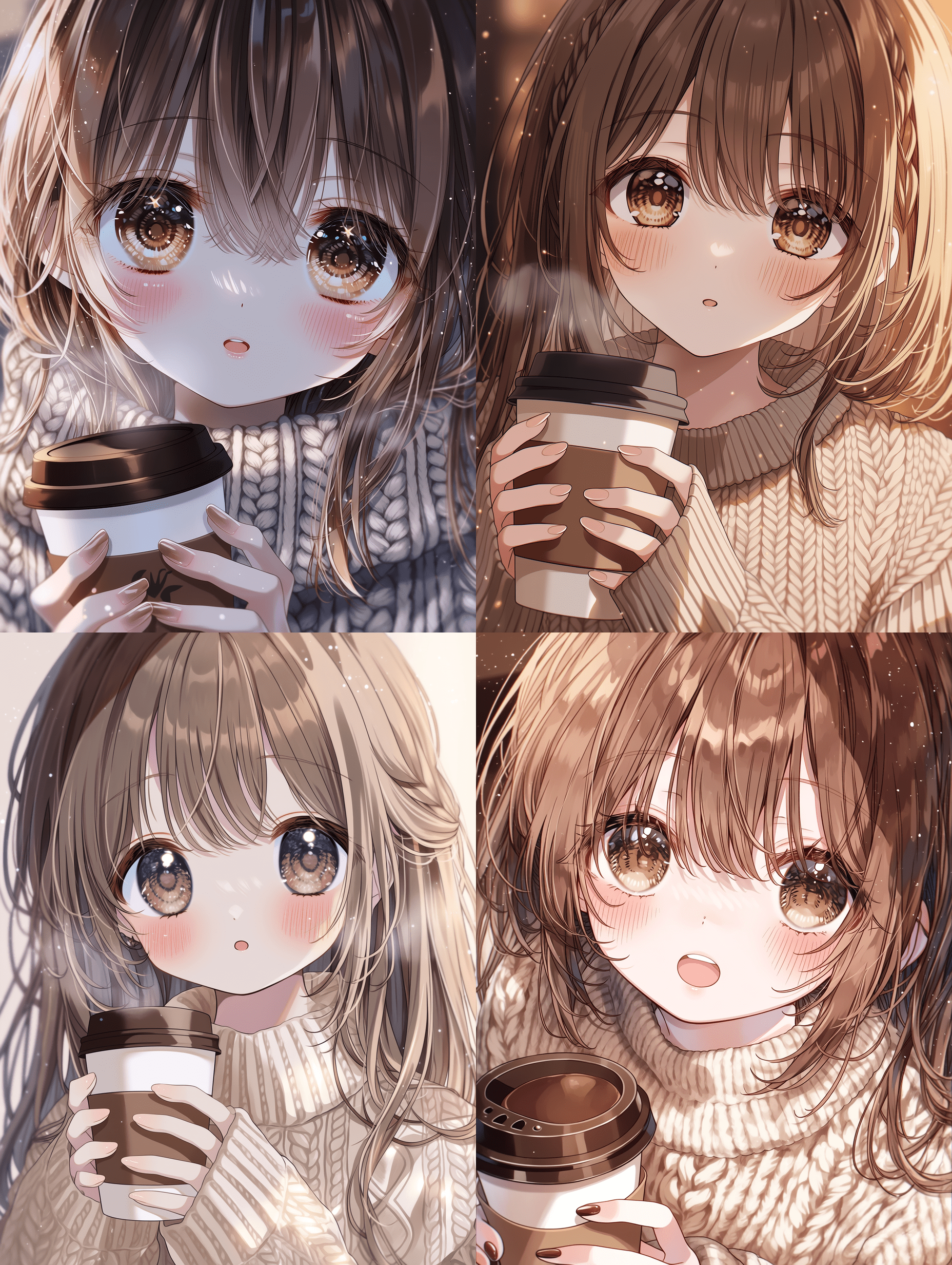 动漫风格插画，细致描绘一位手持咖啡杯的少女，毛衣的针织纹理刻画精细，聚焦于她那双大而富有表现力的眼睛，发丝根根分明，超高分辨率，细节锐利，画面中漂浮着氛围感十足的光粒子。