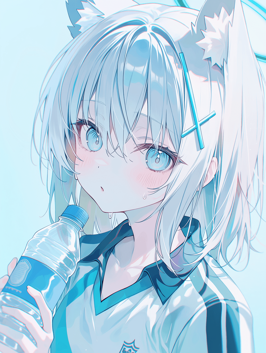 动漫风格，来自《Blue Archive》的银发猫娘少女，身穿运动队服，手持水瓶，浅蓝色调，柔和光线，杰作，最高画质，高度细节，肖像构图