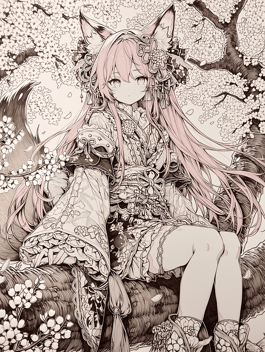 动漫风格，一位粉发狐耳少女身着传统日式和服，静坐于樱花树枝之上，布料纹理超精细，发丝错综复杂，线条艺术细腻，焦点锐利，樱花花瓣细节丰富，8K分辨率