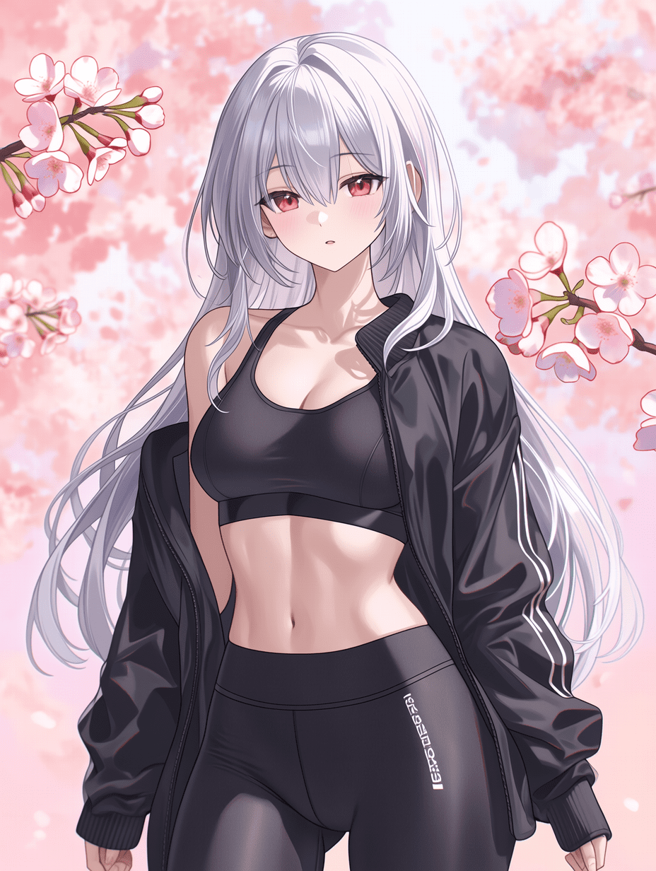 动漫风格，银发红眼少女，身穿黑色运动内衣和紧身 leggings，外搭黑色夹克，站在樱花树下，柔光照明，粉彩粉色背景，杰作，最佳质量，高度细节