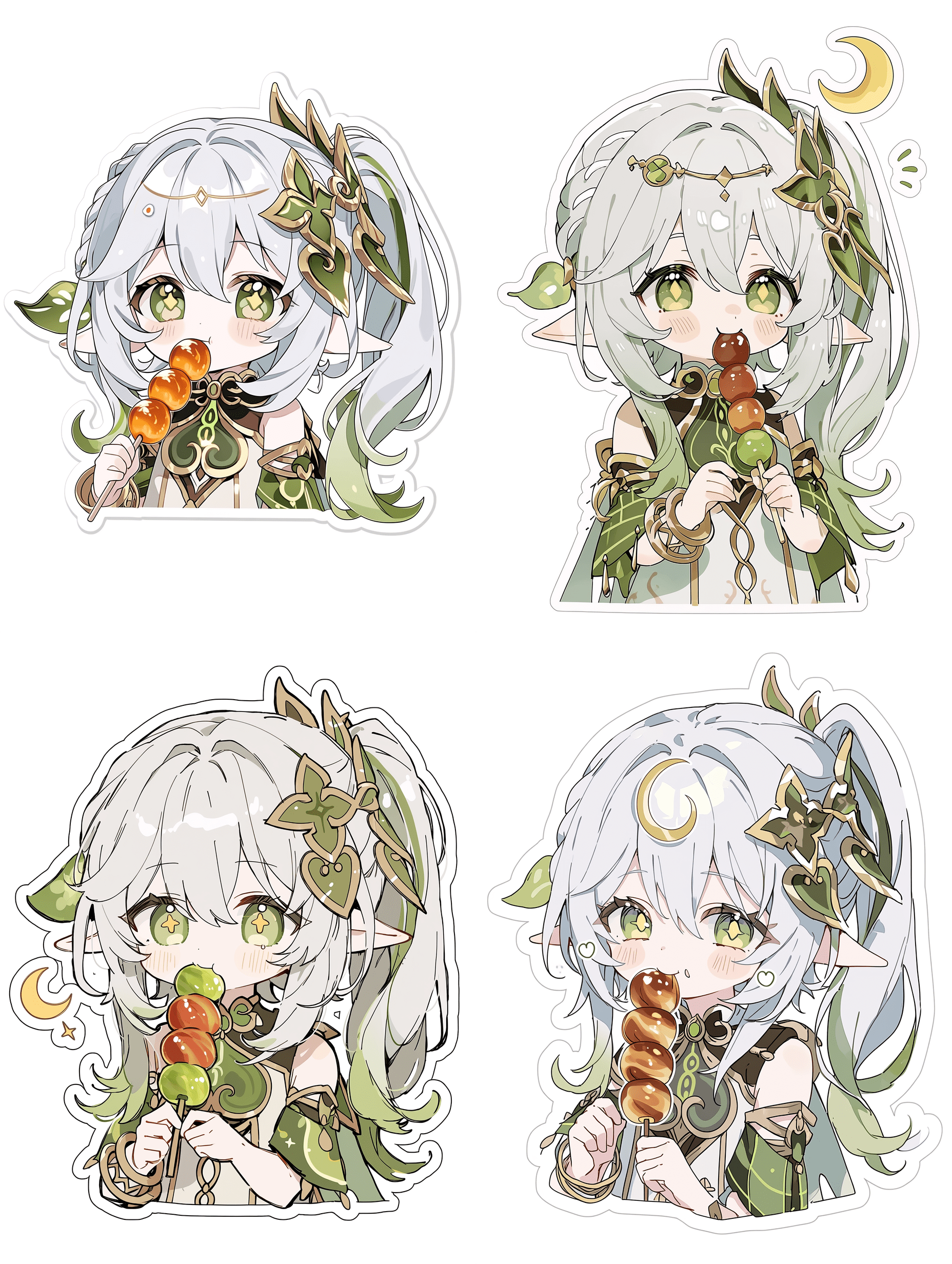 纳西妲，《原神》角色，Q版贴纸风格，正在吃一串糖葫芦，银白色头发，金黄色眼睛，佩戴新月形头饰，身穿绿色与白色相间的民族风服饰，线条干净清晰，纯白背景，表情可爱欢快，高质量动漫插画。
