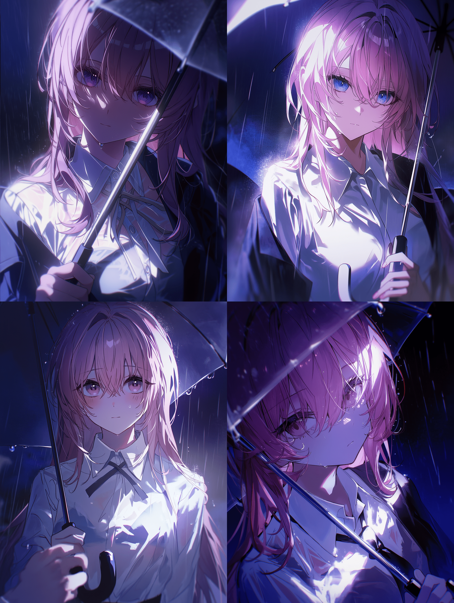 动漫风格插画，一位粉发女性与他人共撑一把雨伞在雨中，戏剧性光影下白色衬衫有强烈白色高光，氛围忧郁而富有诗意，以深蓝与紫色为主调，人物周围有柔和光晕，采用电影级构图，呈现立体雨滴效果。