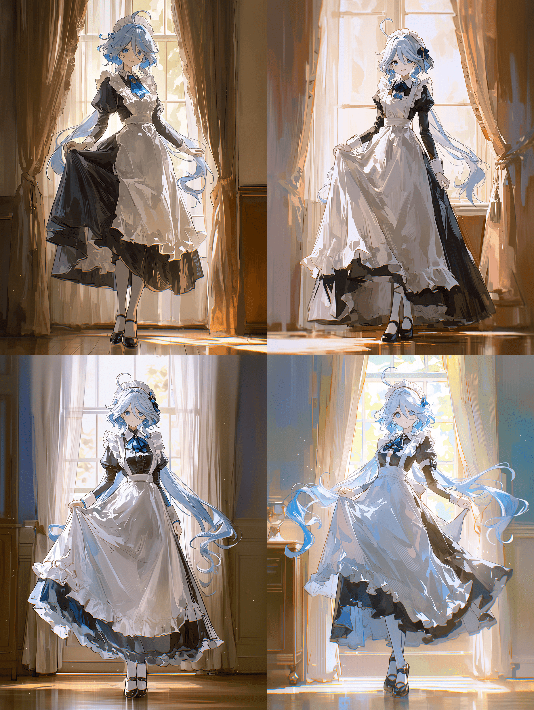 《原神》角色芙宁娜的全身像，身穿维多利亚风格的女仆装，搭配白色围裙和黑色裙子，浅蓝色不对称双马尾发型，单手轻提裙摆，站立在阳光透过窗帘洒入的明亮房间中，姿态优雅，高精度数字绘画。
