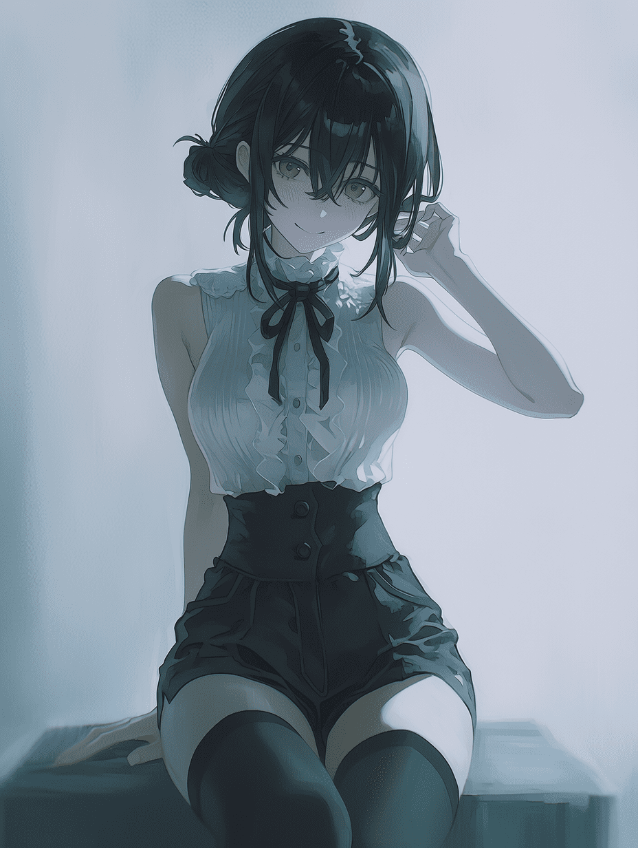 动漫风格，一位黑发低发髻、翠绿色眼眸的年轻女性，身着无袖白色上衣配黑色丝带领结，高腰黑色短裤与黑色过膝袜，面带温柔微笑，手轻触发丝，整体采用低饱和冷色调，柔和散射光线，中景构图，杰作，最高画质，高度精