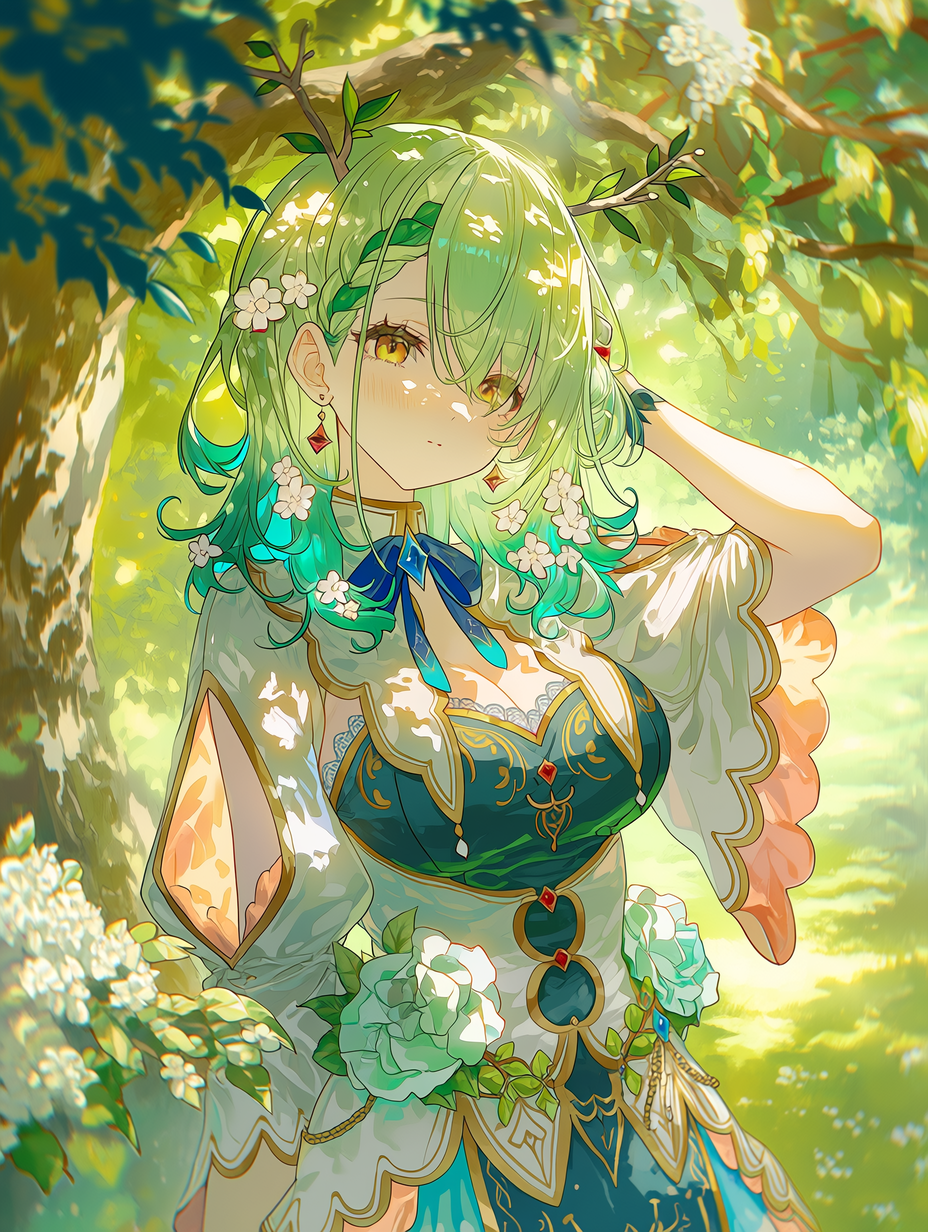 动漫风格，Hololive 的 Ceres Fauna，绿色头发上长有树枝，发间点缀花朵，身穿青绿色连衣裙，背景为森林，柔和阳光洒落，杰作，最佳画质，高度细节，色彩鲜明，姿态优雅