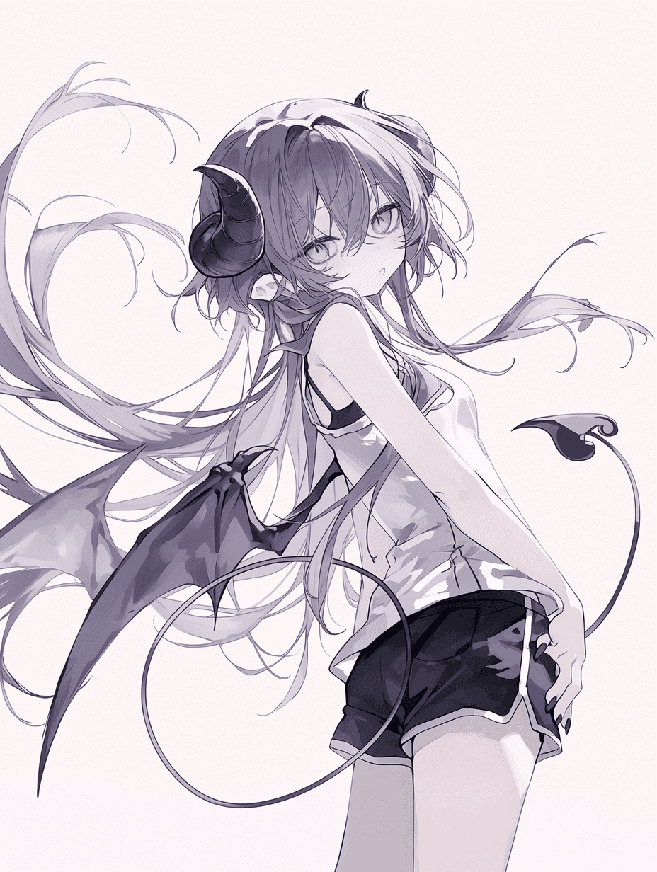 动漫风格，长着弯曲角与蝙蝠翅膀的恶魔少女，拥有飘逸的紫灰色长发，紫色眼眸，身着白色吊带与黑色短裤，心形尾巴，动态三分之二视角，构图平衡，优雅轮廓，干净的负空间，视觉流动感强烈，专业插画构图